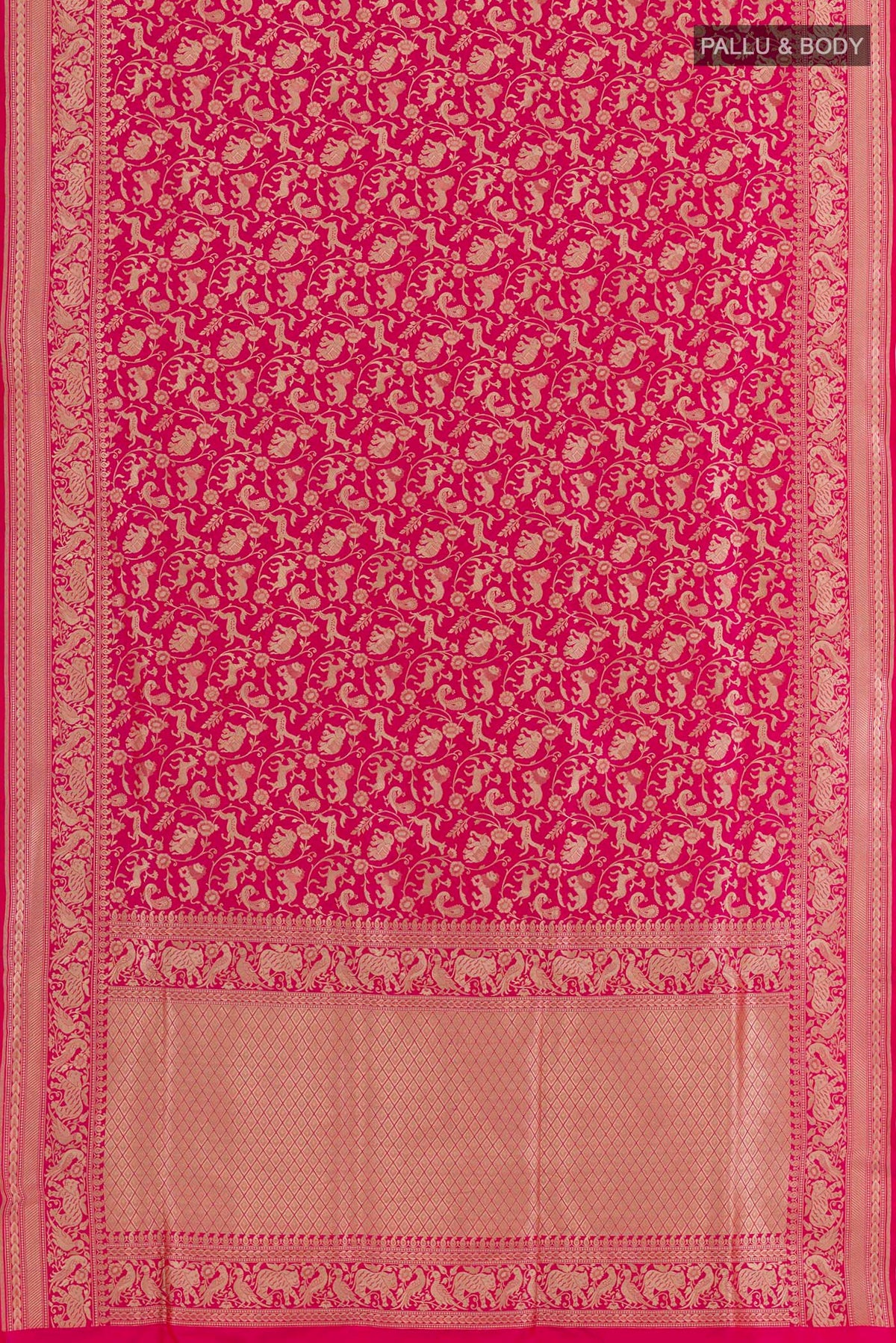Flat view of Pink Banarasi Silk Saree with Zari Brocade on the body and Zari Border. 