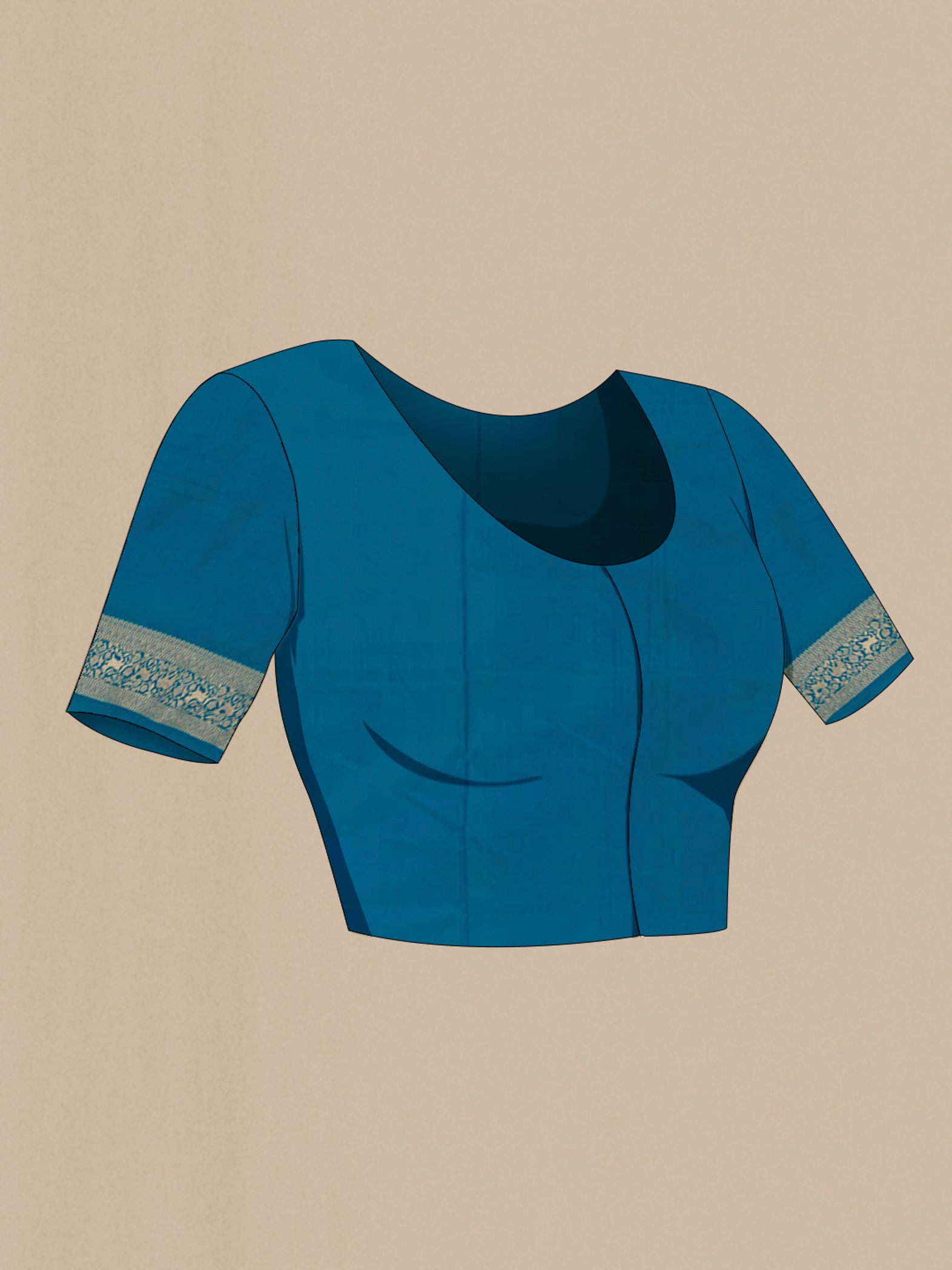 Close up image of the blouse of Blue Banarasi Silk Saree with Zari Brocade on the body and Zari Border. 