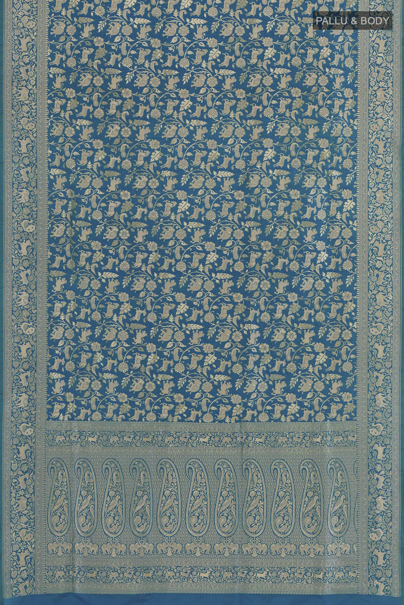 Flat view of Blue Banarasi Silk Saree with Zari Brocade on the body and Zari Border. 