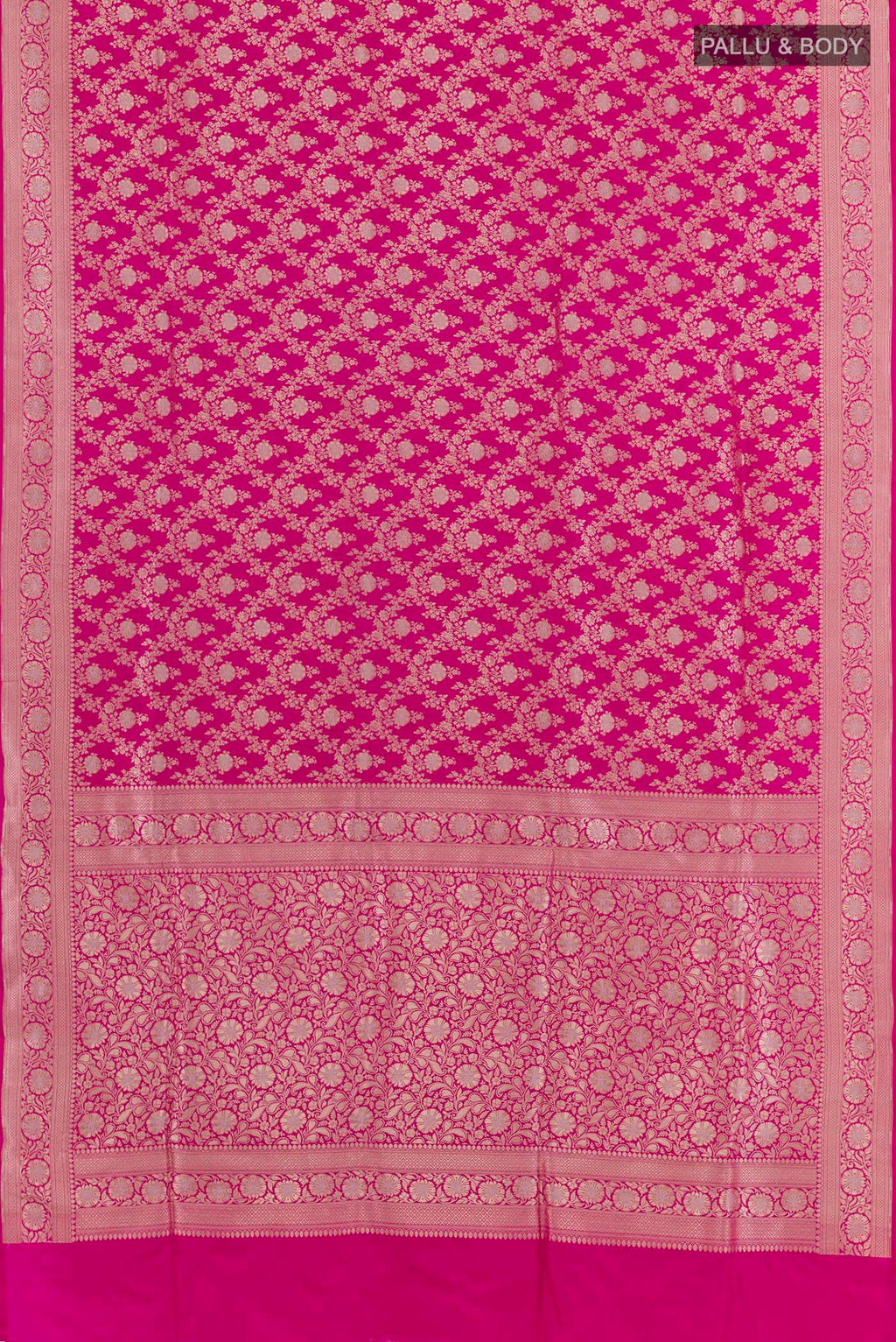 Flat view of Pink Banarasi Silk Saree with Zari Brocade on the body and Zari Border. 