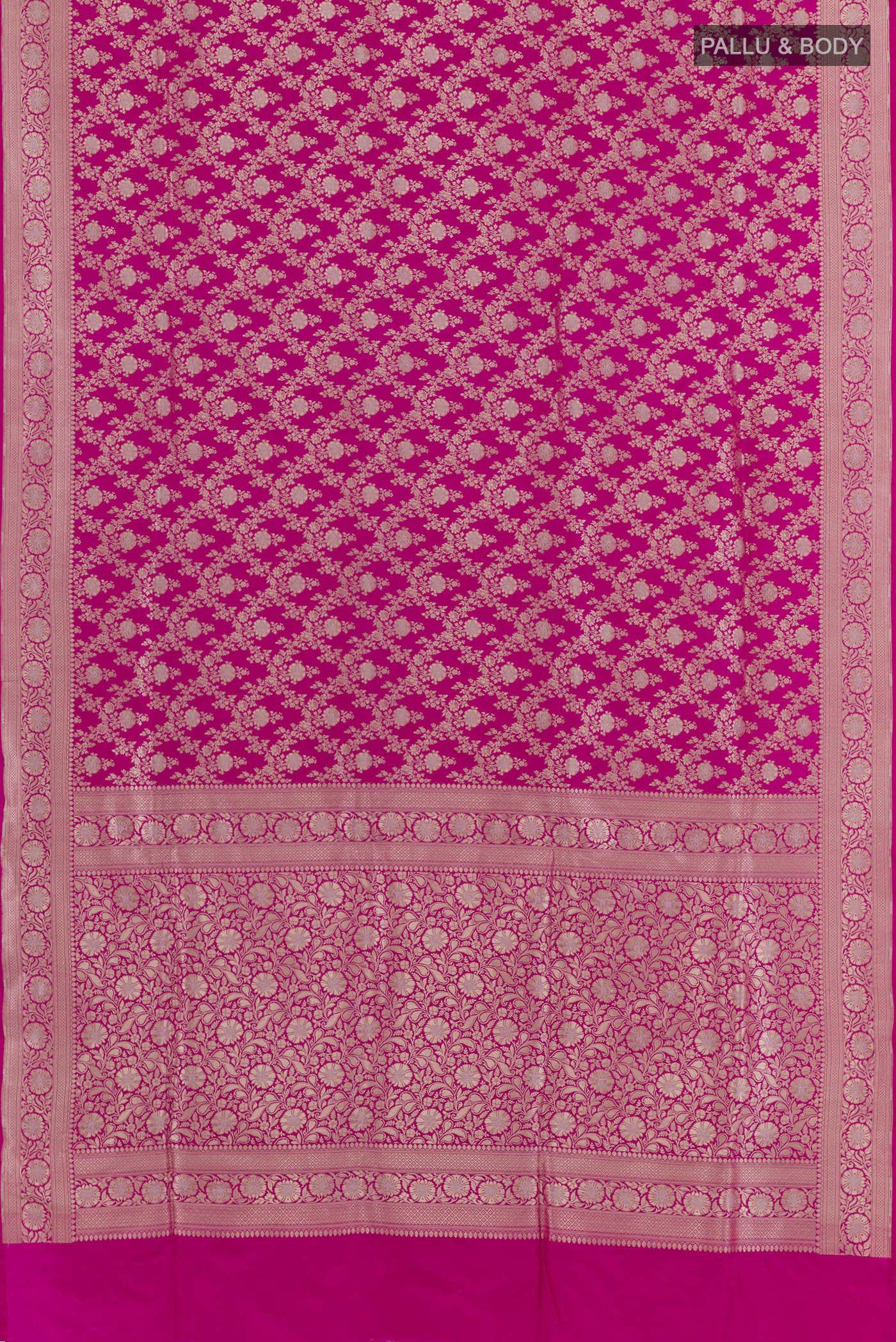 Flat view of Pink Banarasi Silk Saree with Zari Brocade on the body and Zari Border. 