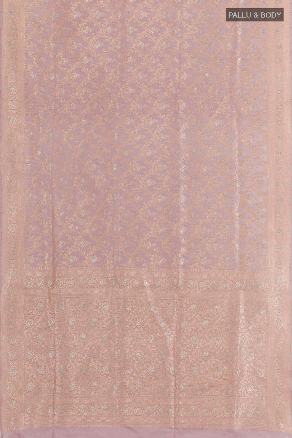 Flat view of Lavender Banarasi Silk Saree with Zari Brocade on the body and Zari Border. 