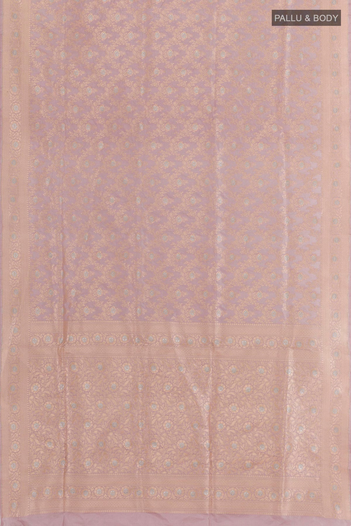 Flat view of Lavender Banarasi Silk Saree with Zari Brocade on the body and Zari Border. 