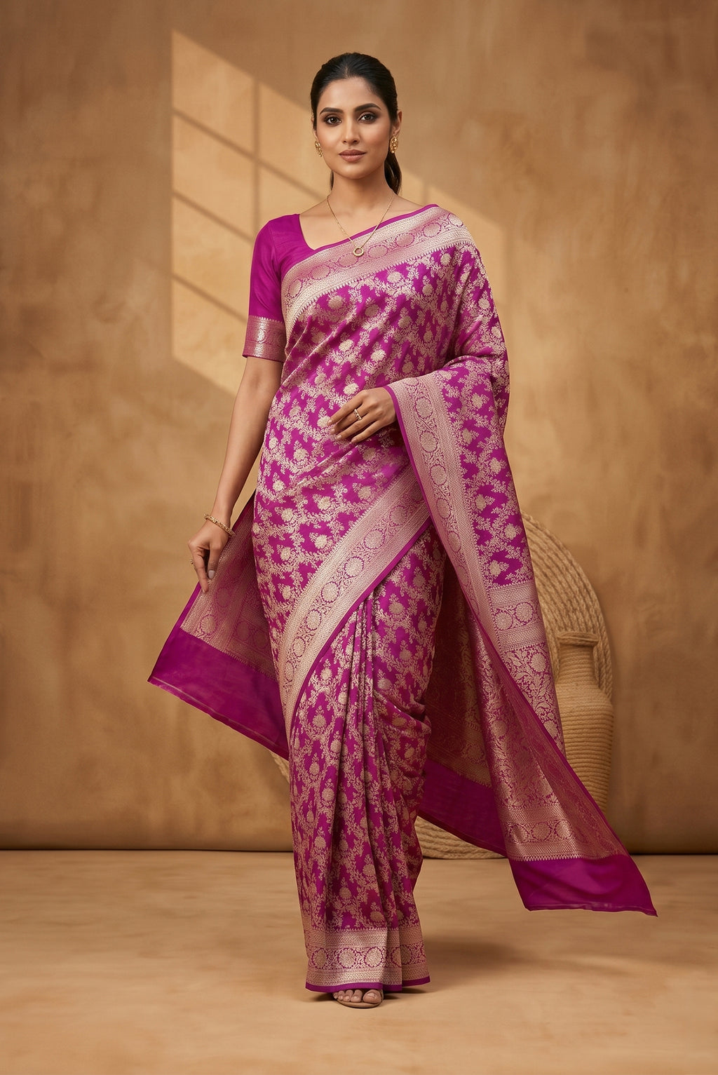 Model wearing a Purple Banarasi Silk Saree with Zari Brocade on the body and Zari Border.
