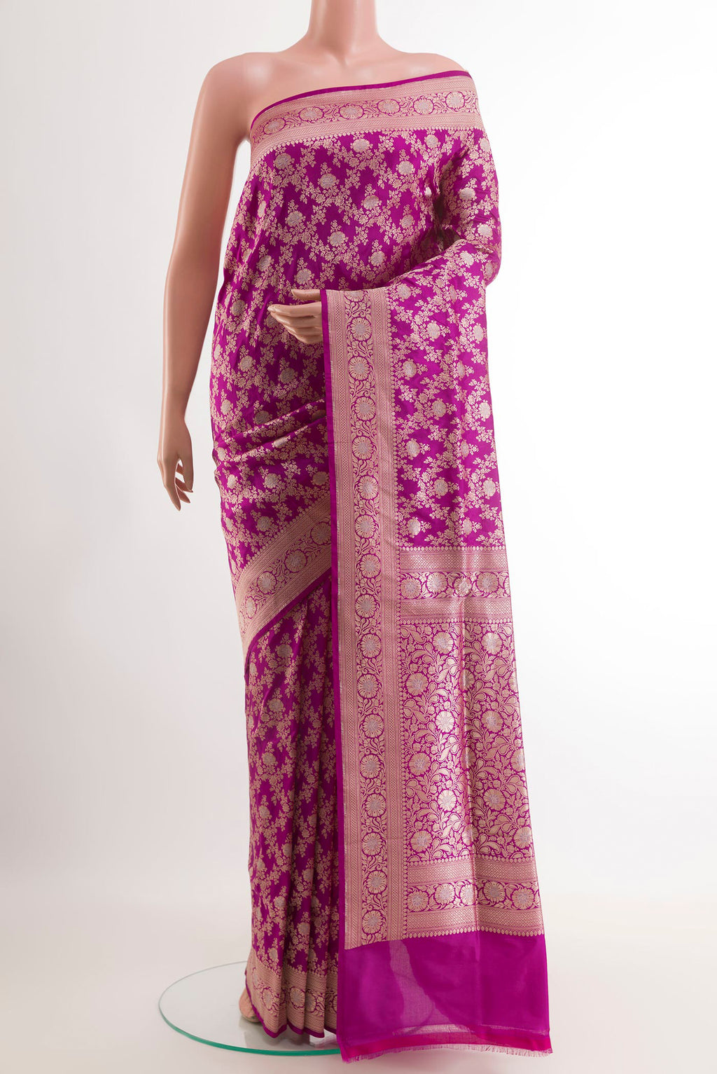 Purple Banarasi Silk Saree with Zari Brocade on the body and Zari Border.  displayed on a mannequin