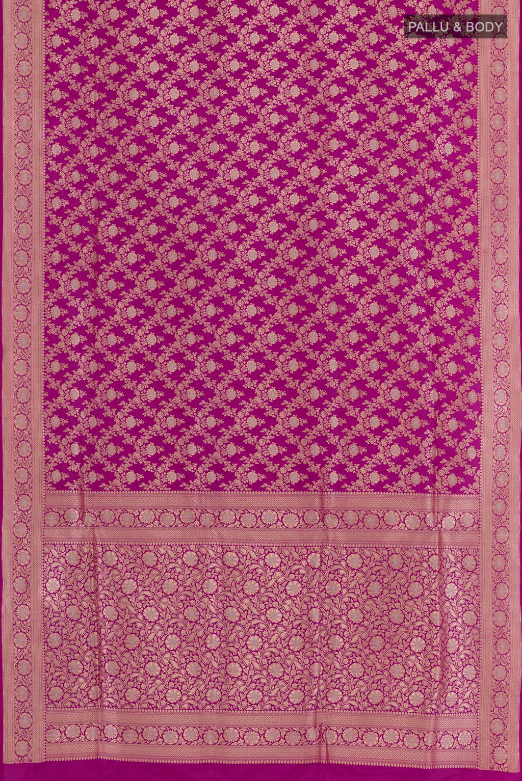 Flat view of Purple Banarasi Silk Saree with Zari Brocade on the body and Zari Border. 