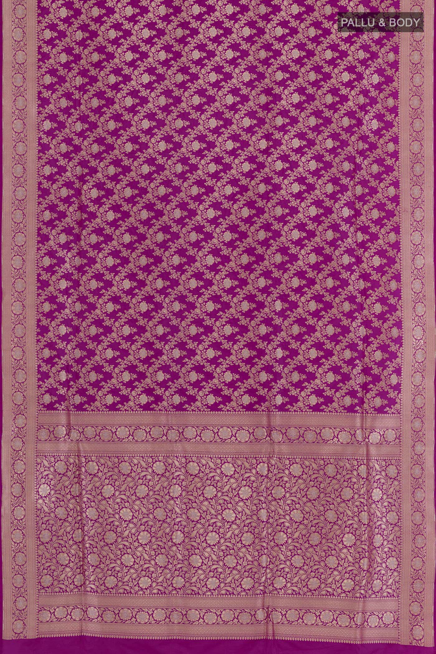 Flat view of Purple Banarasi Silk Saree with Zari Brocade on the body and Zari Border. 