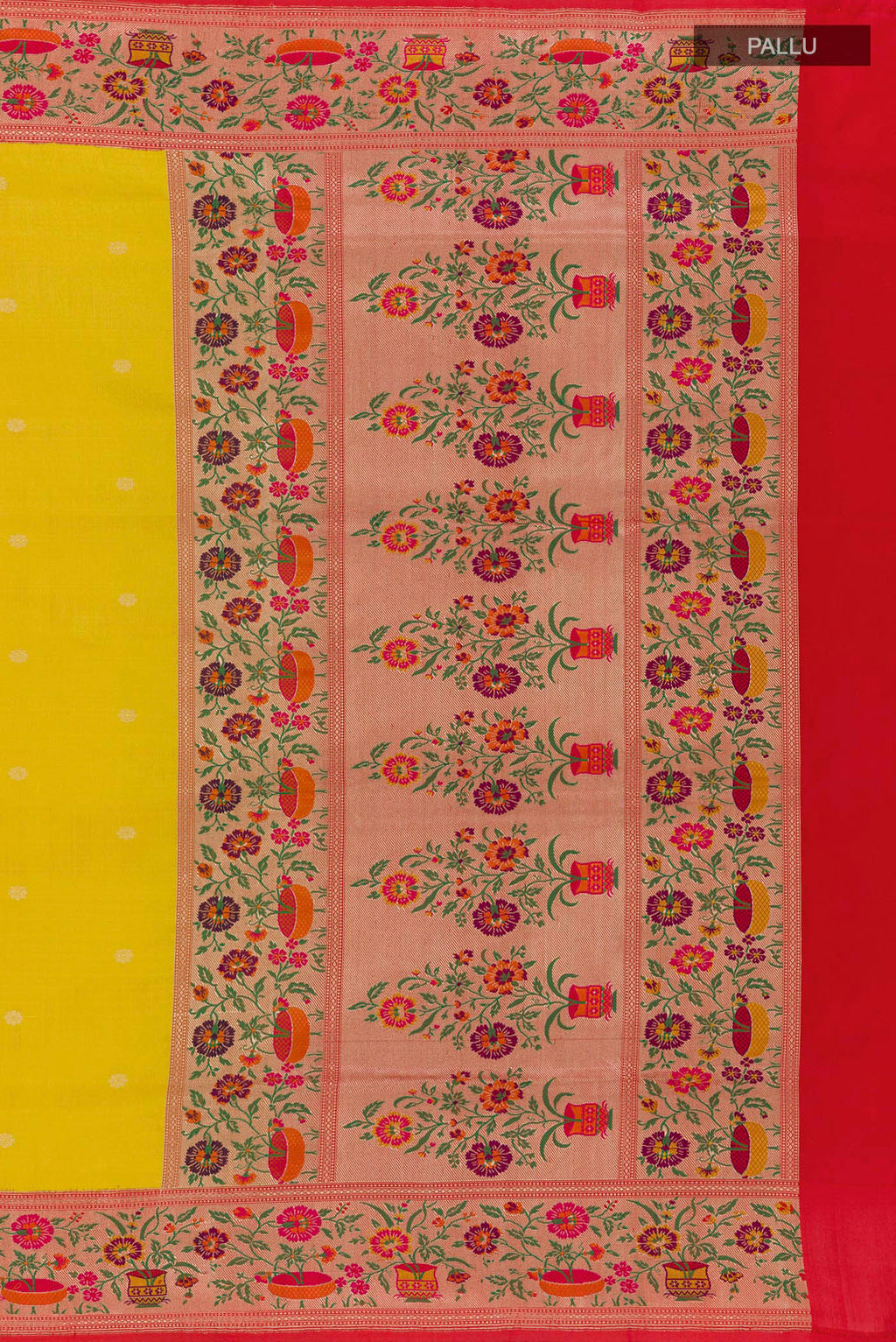 Close up image of the pallu of Yellow Banarasi Silk Saree with Zari Butta on the body and Paithani Border. 