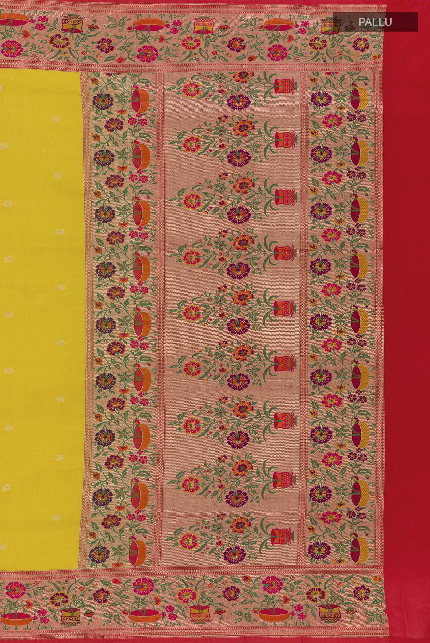 Close up image of the pallu of Yellow Banarasi Silk Saree with Zari Butta on the body and Paithani Border. 