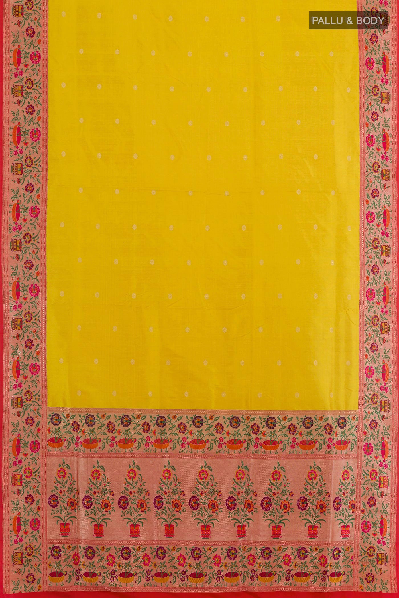 Flat view of Yellow Banarasi Silk Saree with Zari Butta on the body and Paithani Border. 