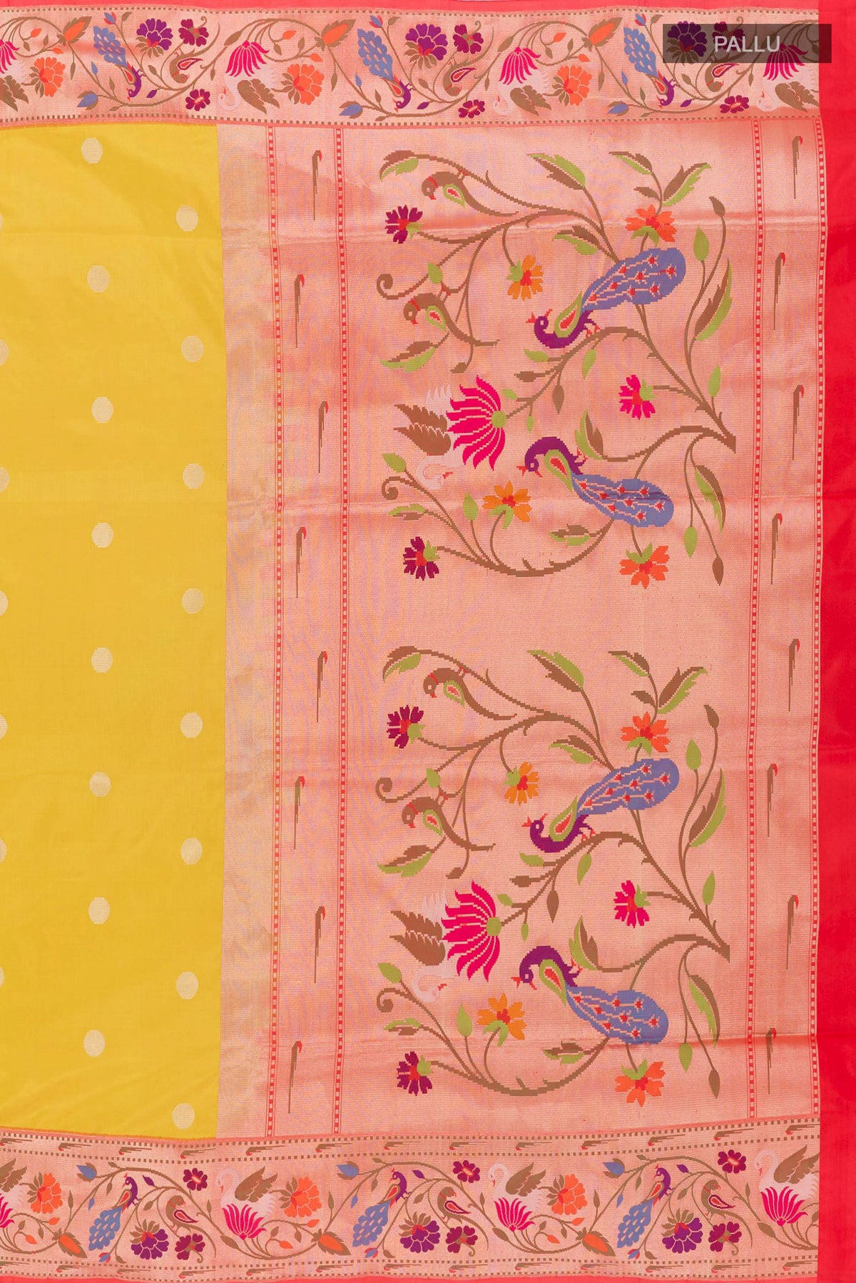 Close up image of the pallu of Lemon Yellow Banarasi Silk Saree with Zari Butta on the body and Zari Border. 