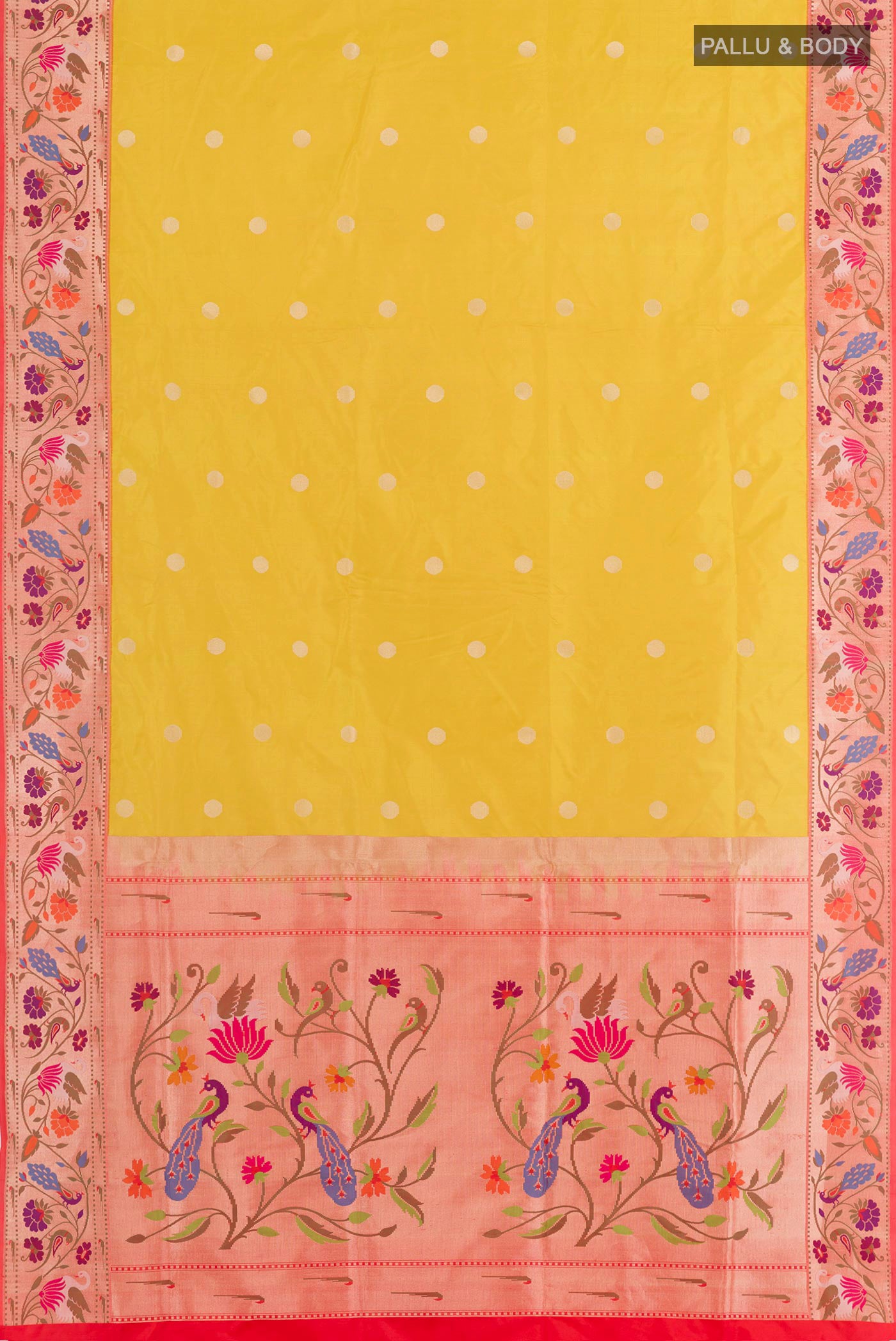 Flat view of Lemon Yellow Banarasi Silk Saree with Zari Butta on the body and Zari Border. 