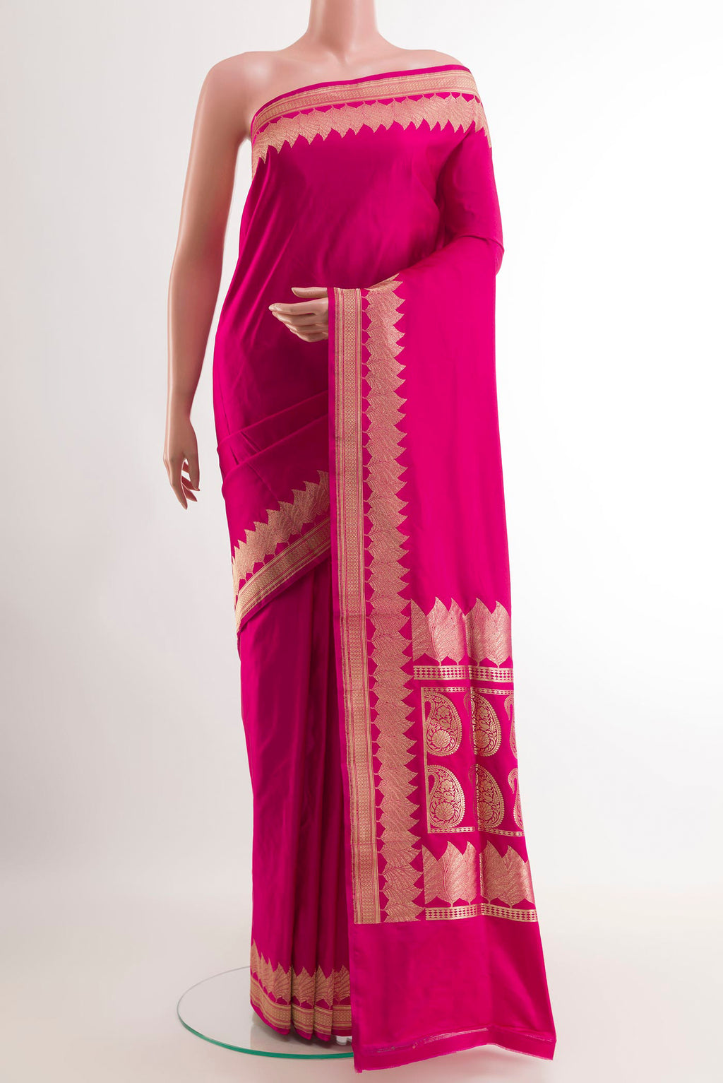 Pink Banarasi Silk Saree with Plain Body and Zari Border.  displayed on a mannequin