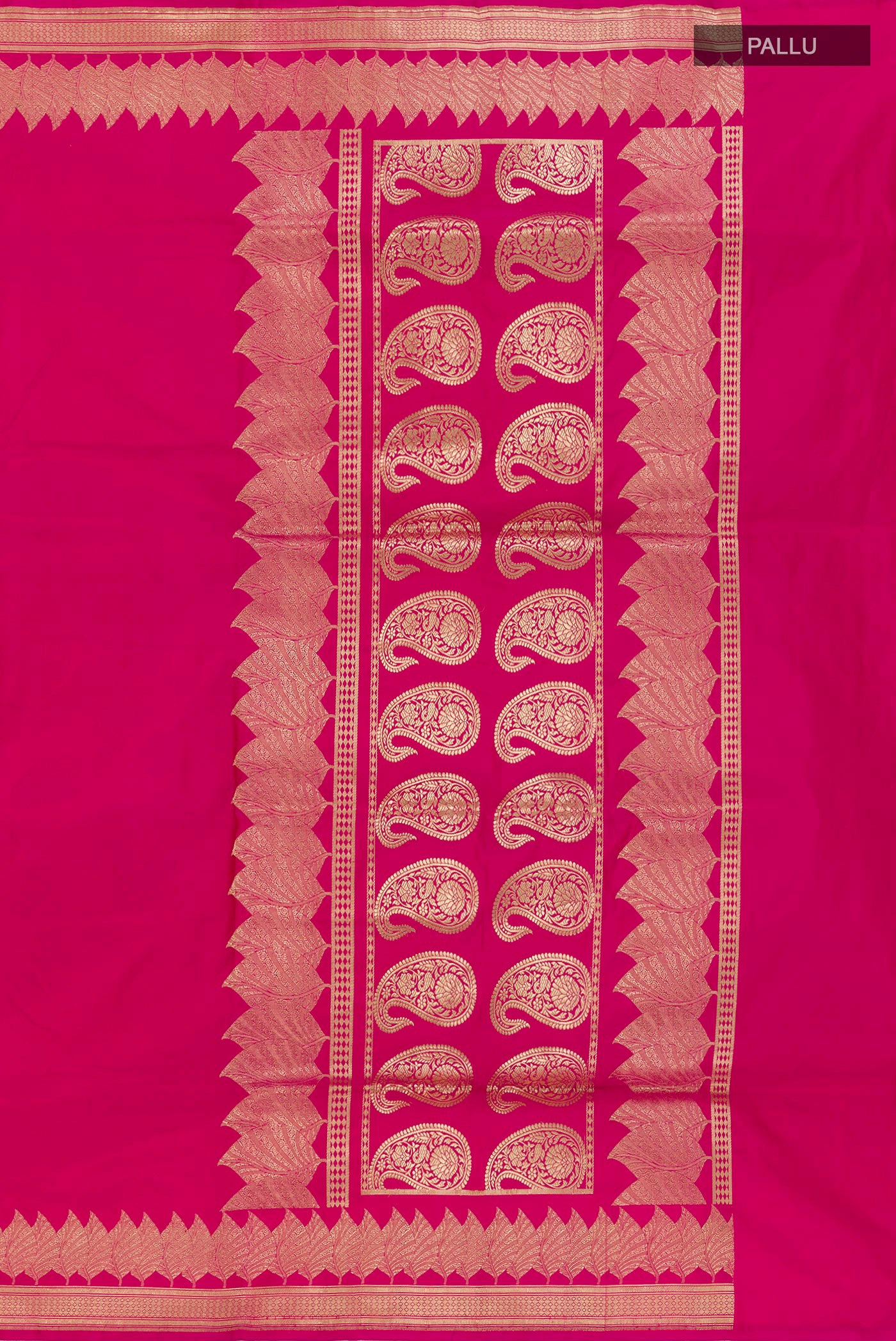 Close up image of the pallu of Pink Banarasi Silk Saree with Plain Body and Zari Border. 