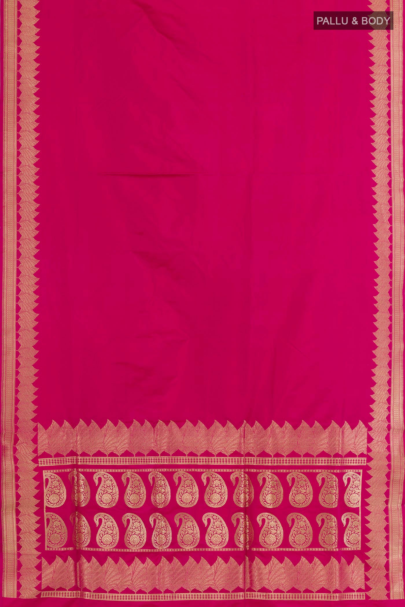 Flat view of Pink Banarasi Silk Saree with Plain Body and Zari Border. 