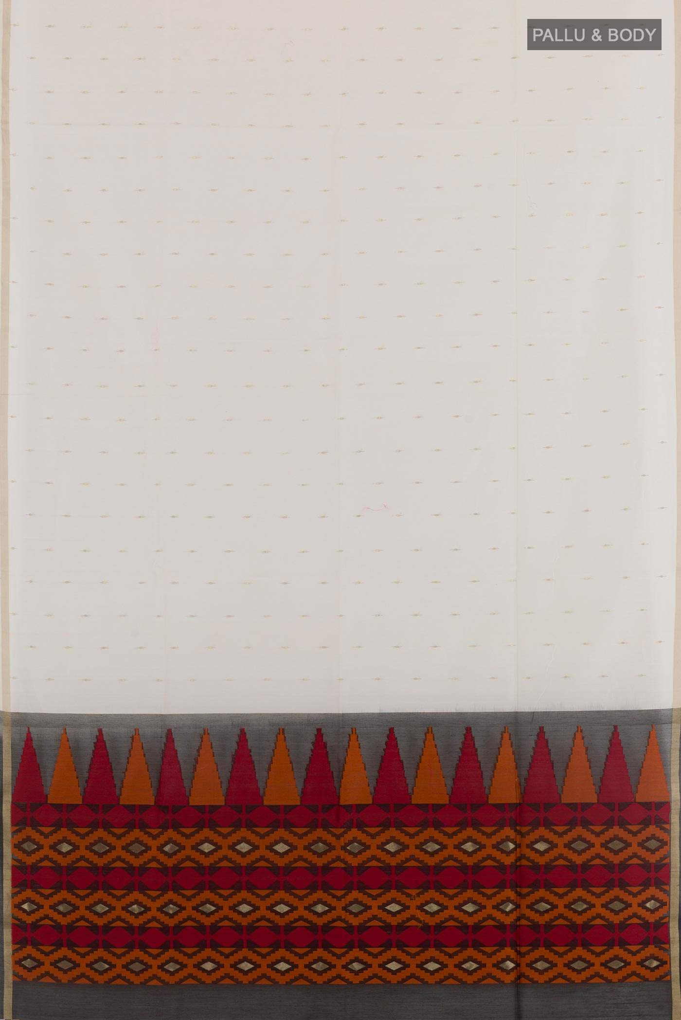 Flat view of Off White Blended Kora Cotton Saree with Zari Butta on the body and Zari Border. 