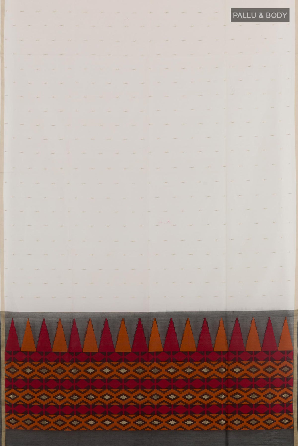 Flat view of Off White Blended Kora Cotton Saree with Zari Butta on the body and Zari Border. 