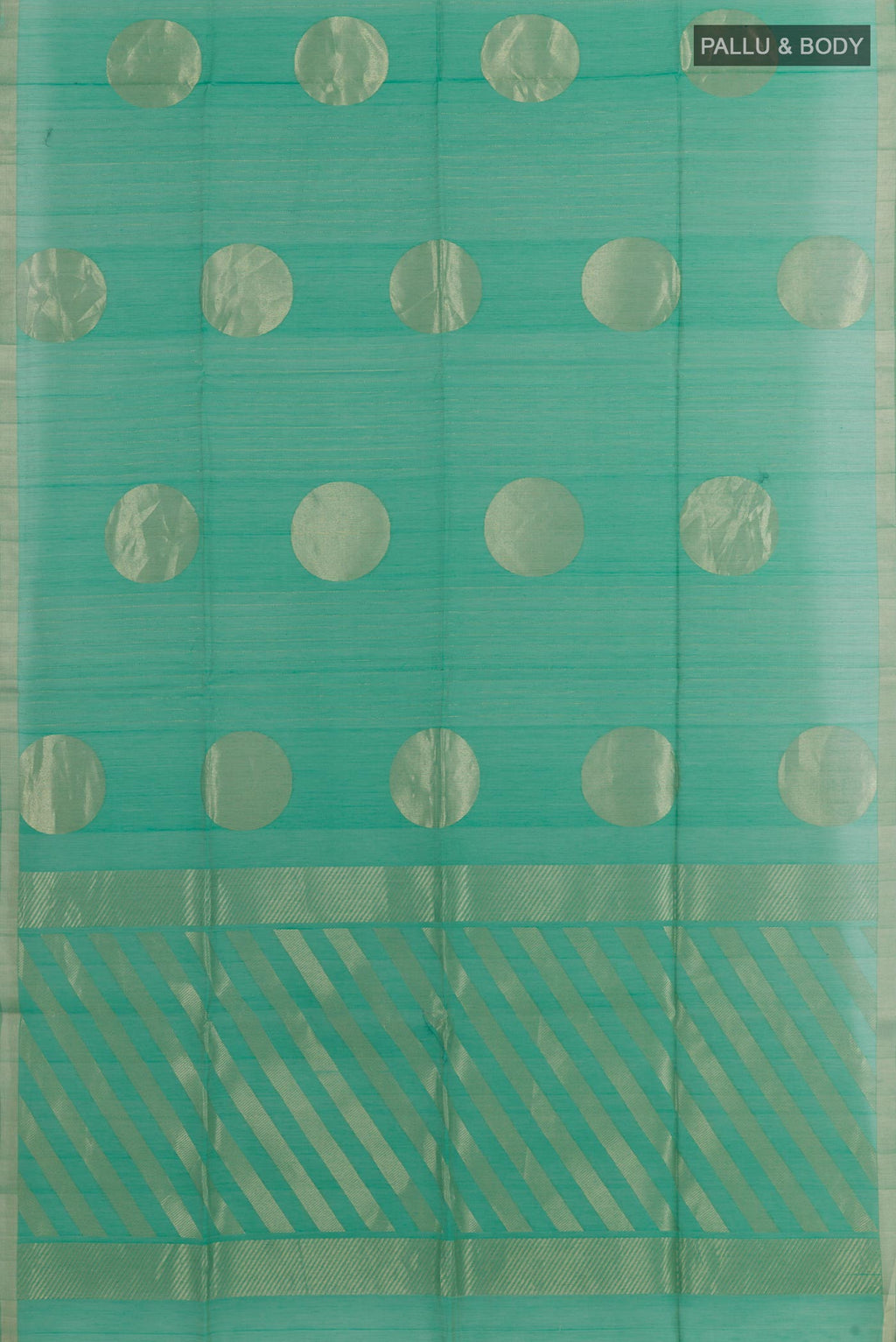 Flat view of Sea Green Blended Kora Cotton Saree with Stripes on the body and Zari Border. 