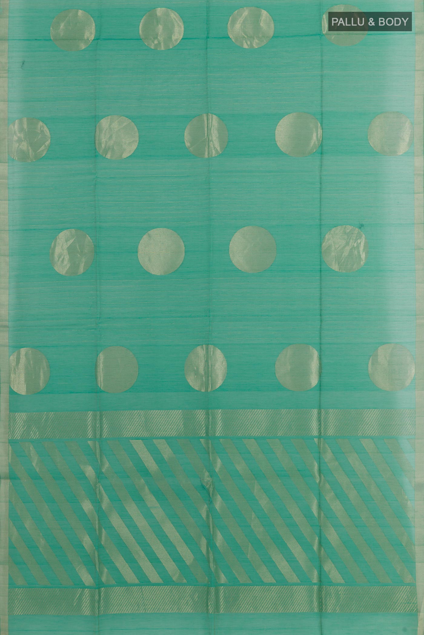 Flat view of Sea Green Blended Kora Cotton Saree with Stripes on the body and Zari Border. 