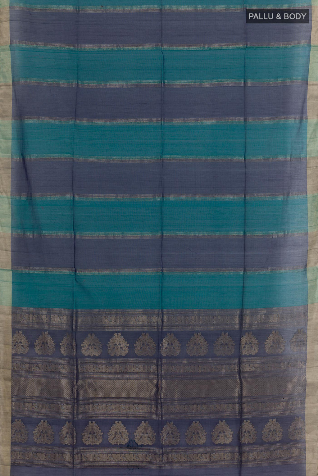 Flat view of Sea Green Blended Kora Cotton Saree with Stripes on the body and Zari Border. 