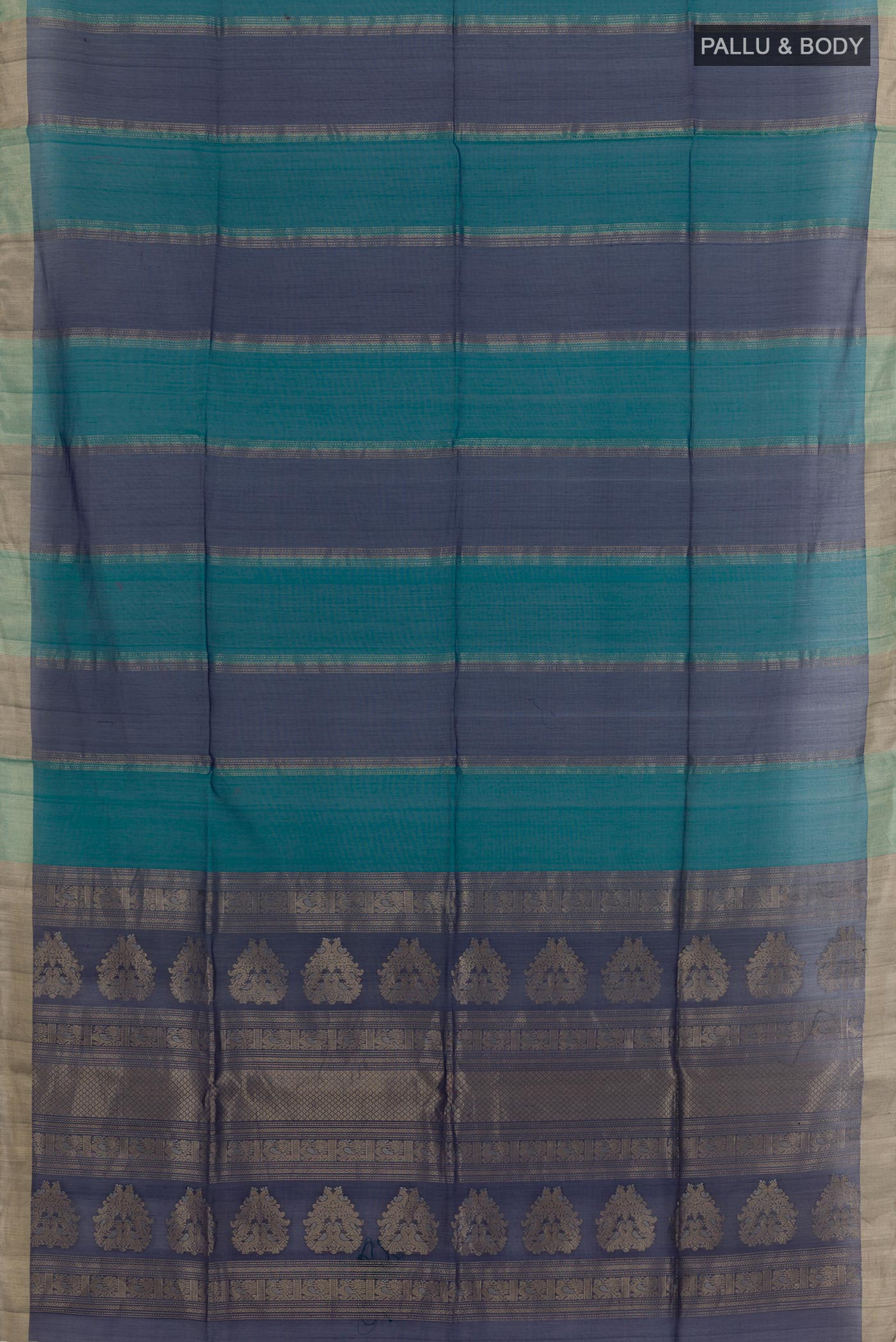 Flat view of Sea Green Blended Kora Cotton Saree with Stripes on the body and Zari Border. 