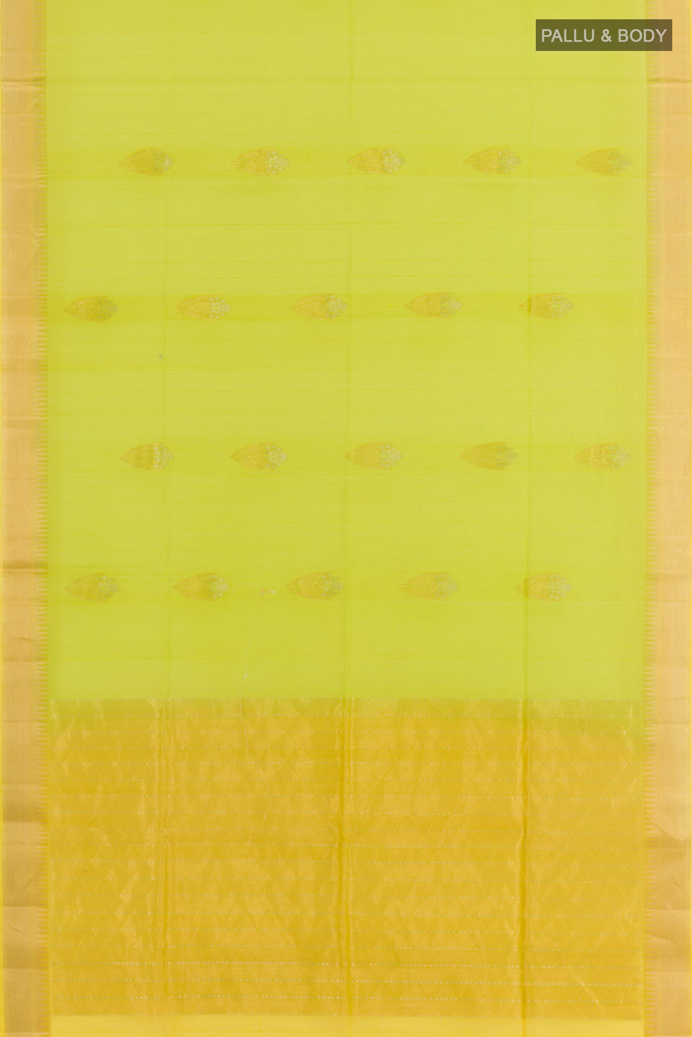 Flat view of Light Green Blended Kora Cotton Saree with Zari Butta on the body and Zari Border. 