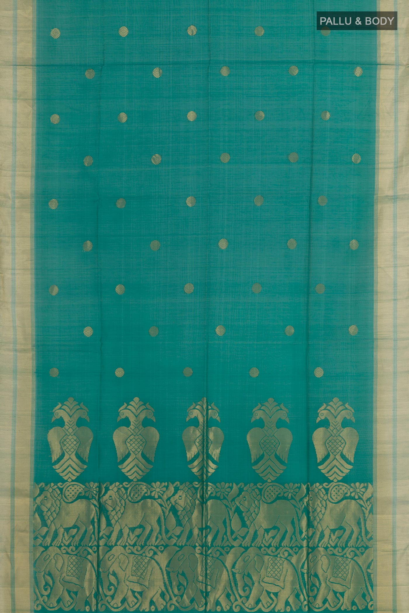 Flat view of Green Blended Kora Cotton Saree with Zari Butta on the body and Zari Border. 