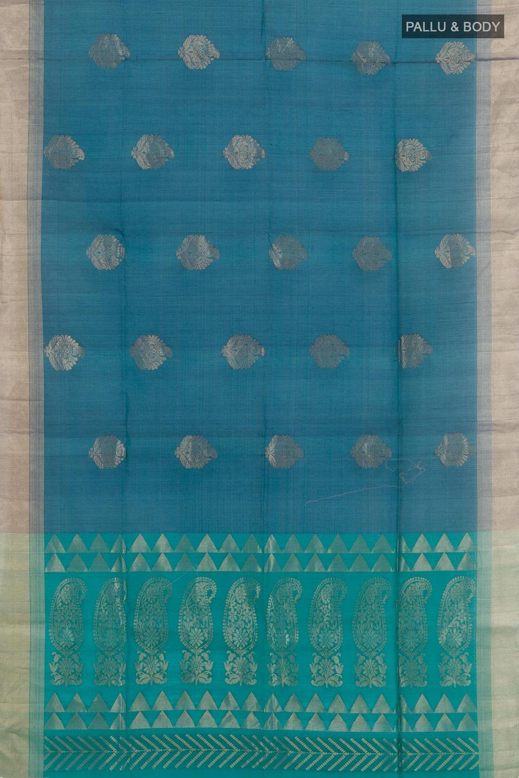 Flat view of Blue Blended Kora Cotton Saree with Zari Butta on the body and Zari Border. 