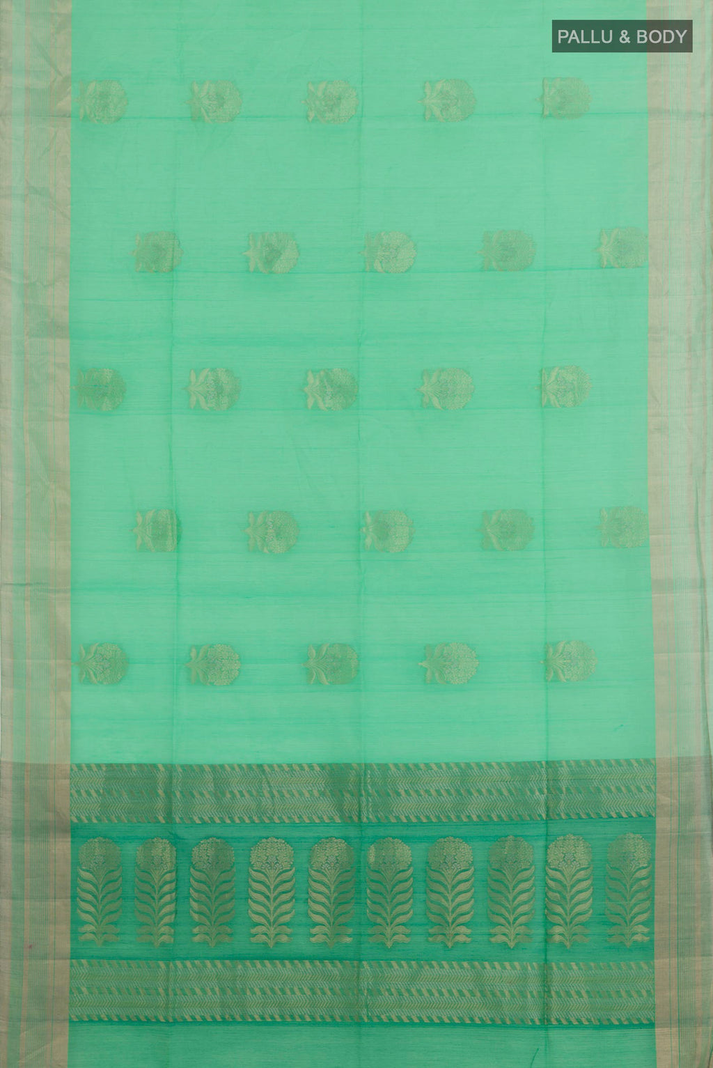 Flat view of Green Blended Kora Cotton Saree with Zari Butta on the body and Zari Border. 