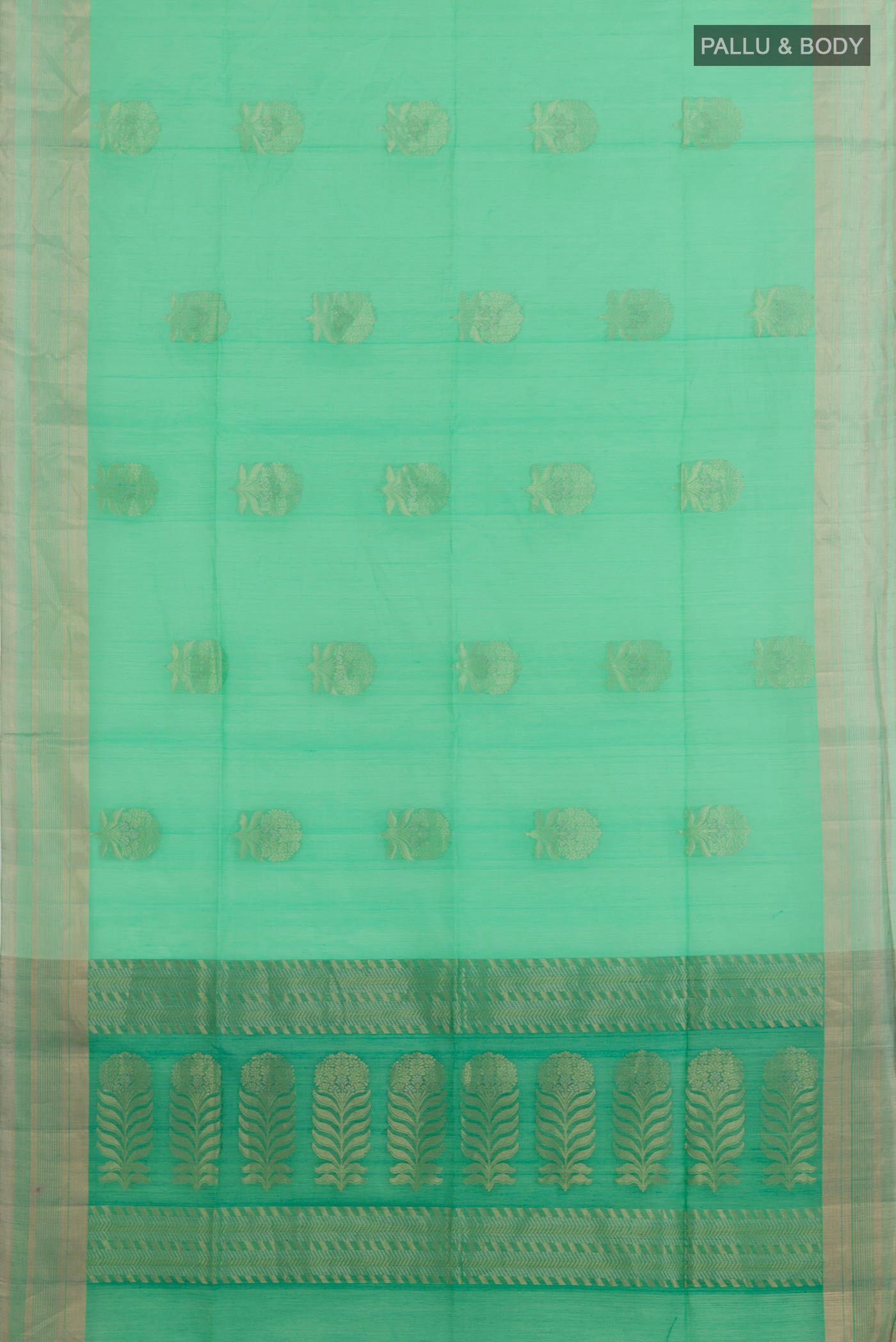 Flat view of Green Blended Kora Cotton Saree with Zari Butta on the body and Zari Border. 
