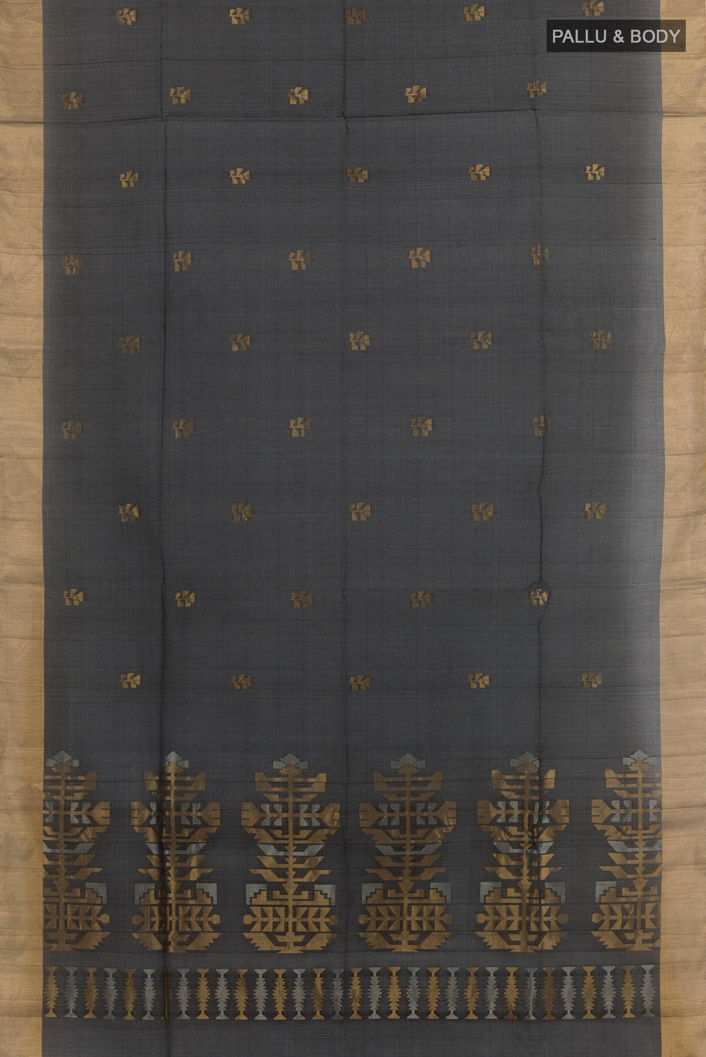 Flat view of Black Blended Kora Cotton Saree with Zari Butta on the body and Zari Border. 