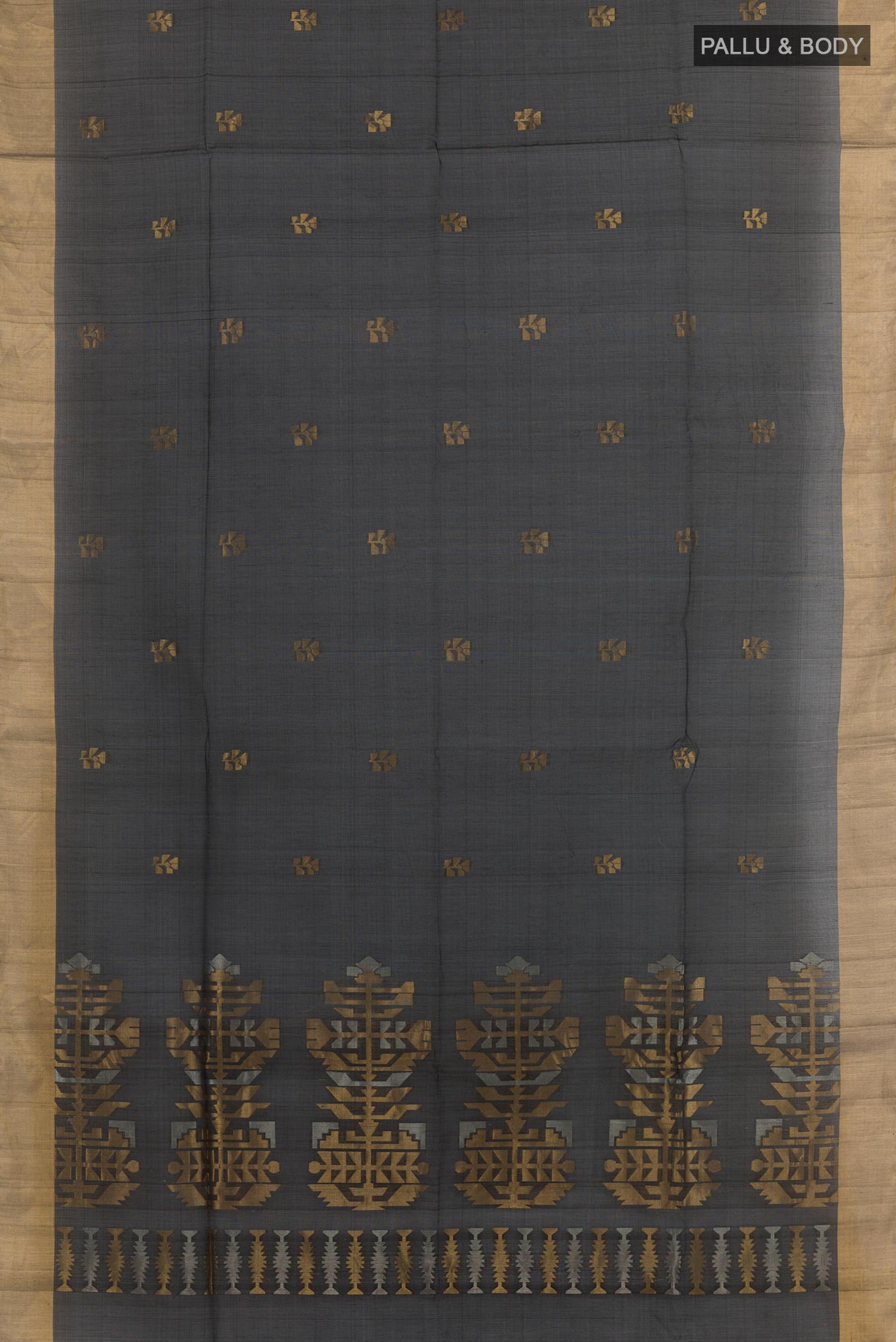Flat view of Black Blended Kora Cotton Saree with Zari Butta on the body and Zari Border. 