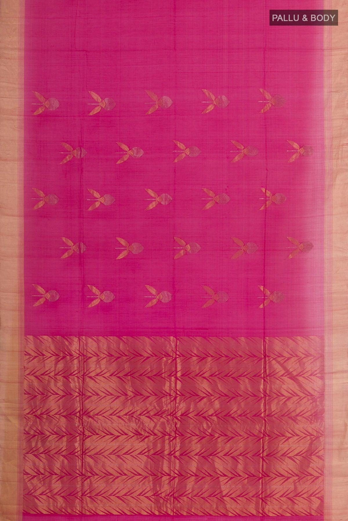 Flat view of Pink Blended Kora Cotton Saree with Zari Butta on the body and Zari Border. 