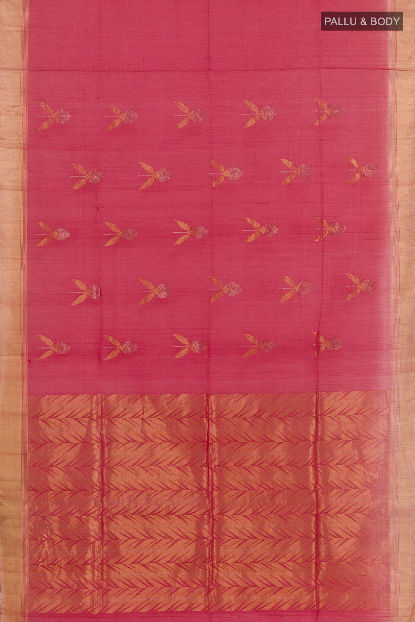 Flat view of Red Blended Kora Cotton Saree with Zari Butta on the body and Zari Border. 