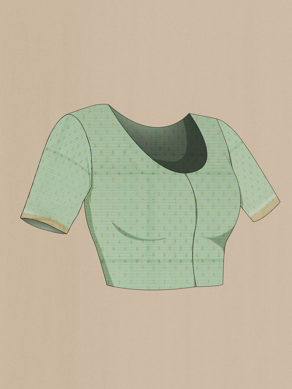 Close up image of the blouse of Sea Green Silk Cotton Saree with Checked design on the body and Zari Border. 
