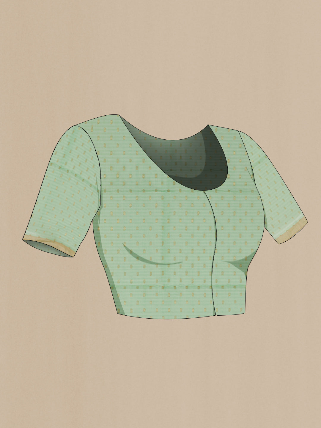 Close up image of the blouse of Sea Green Silk Cotton Saree with Checked design on the body and Zari Border. 
