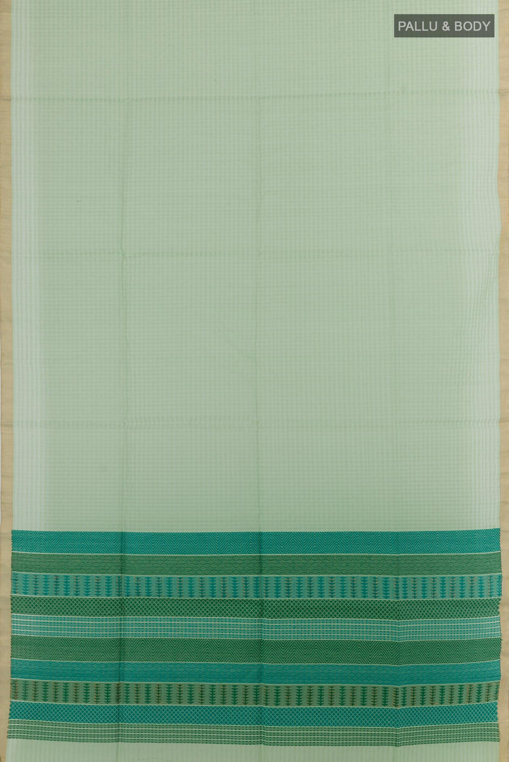 Flat view of Sea Green Silk Cotton Saree with Checked design on the body and Zari Border. 