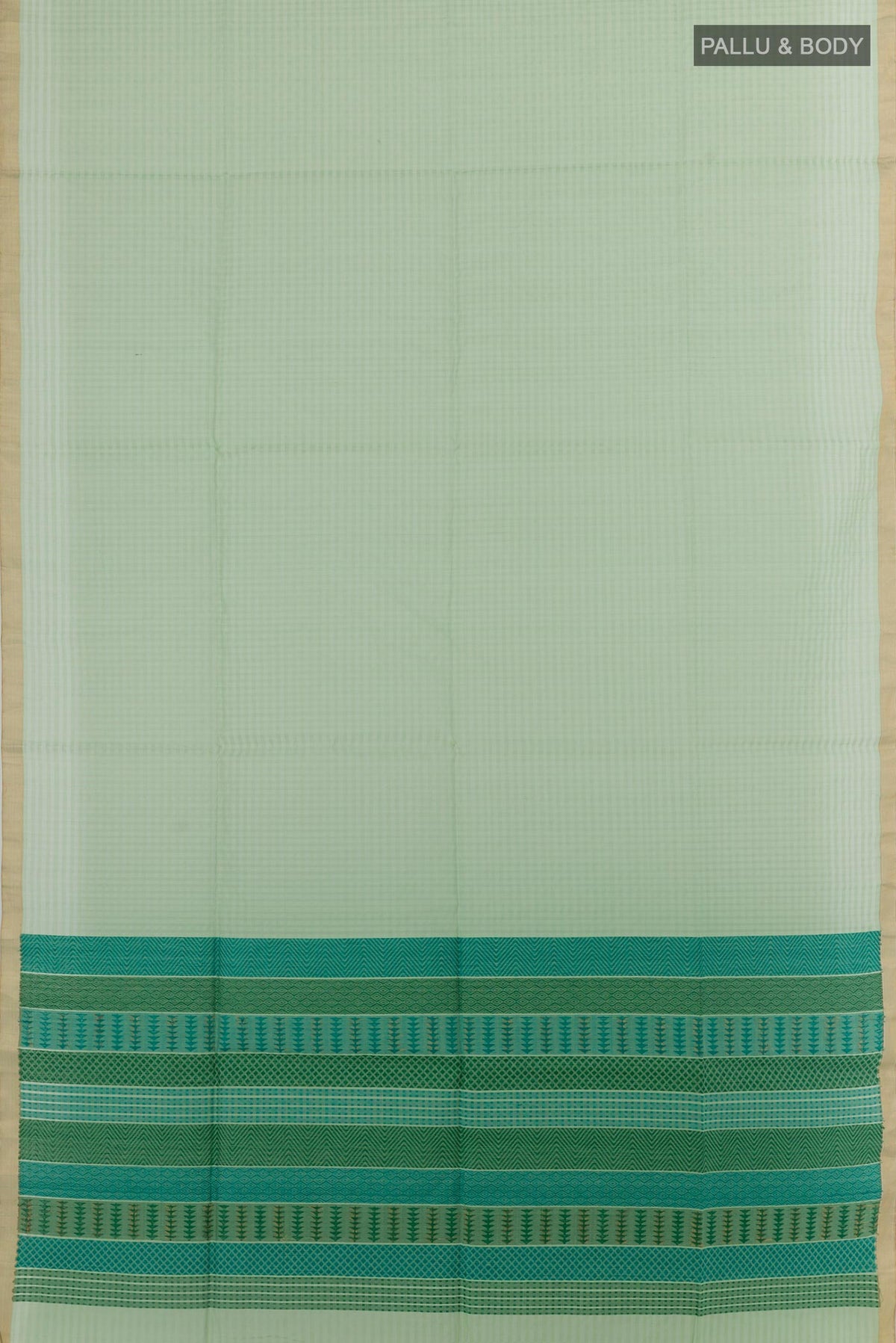 Flat view of Sea Green Silk Cotton Saree with Checked design on the body and Zari Border. 