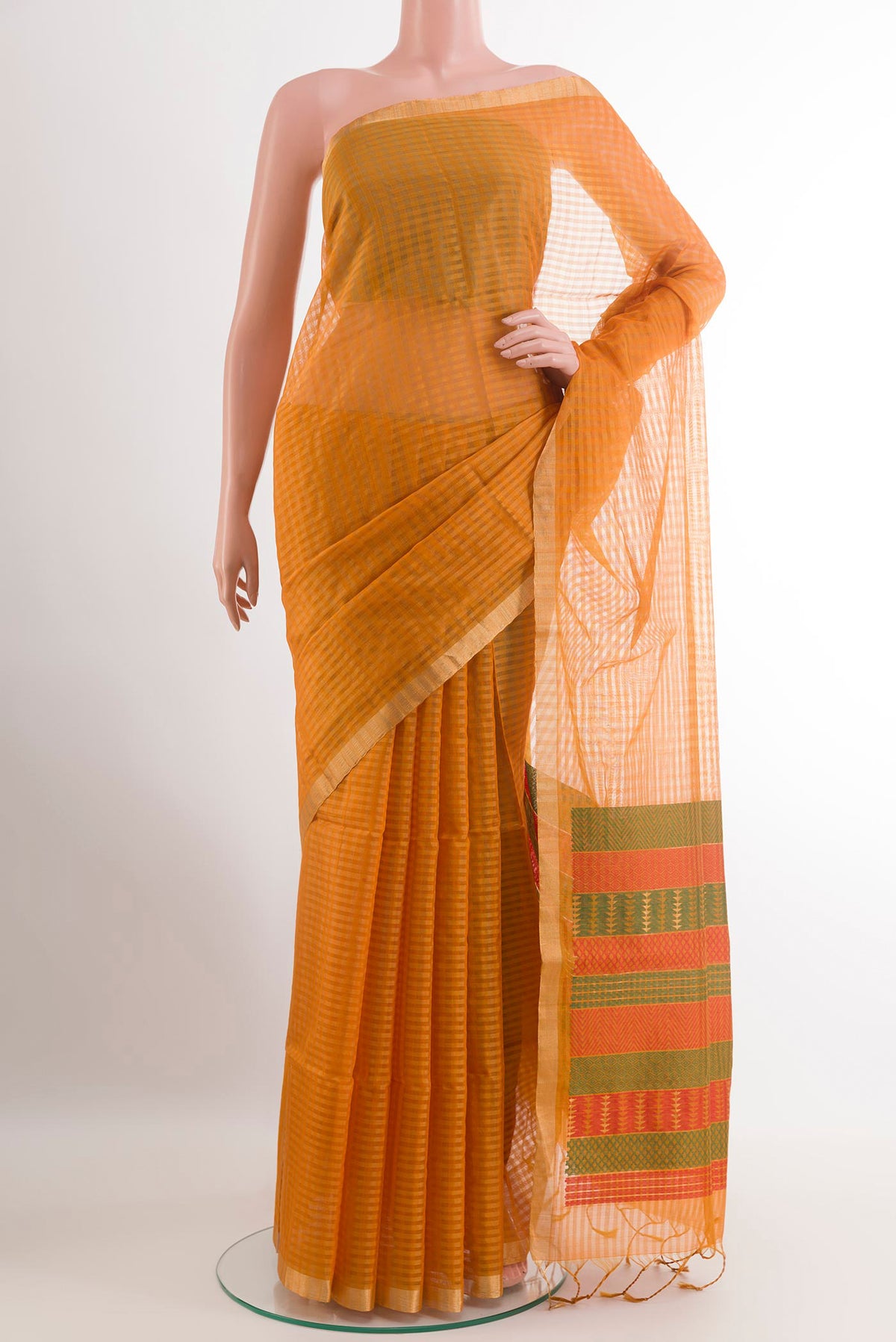 Yellow Blended Kora Cotton Saree with Stripes on the body and Zari Border.  displayed on a mannequin