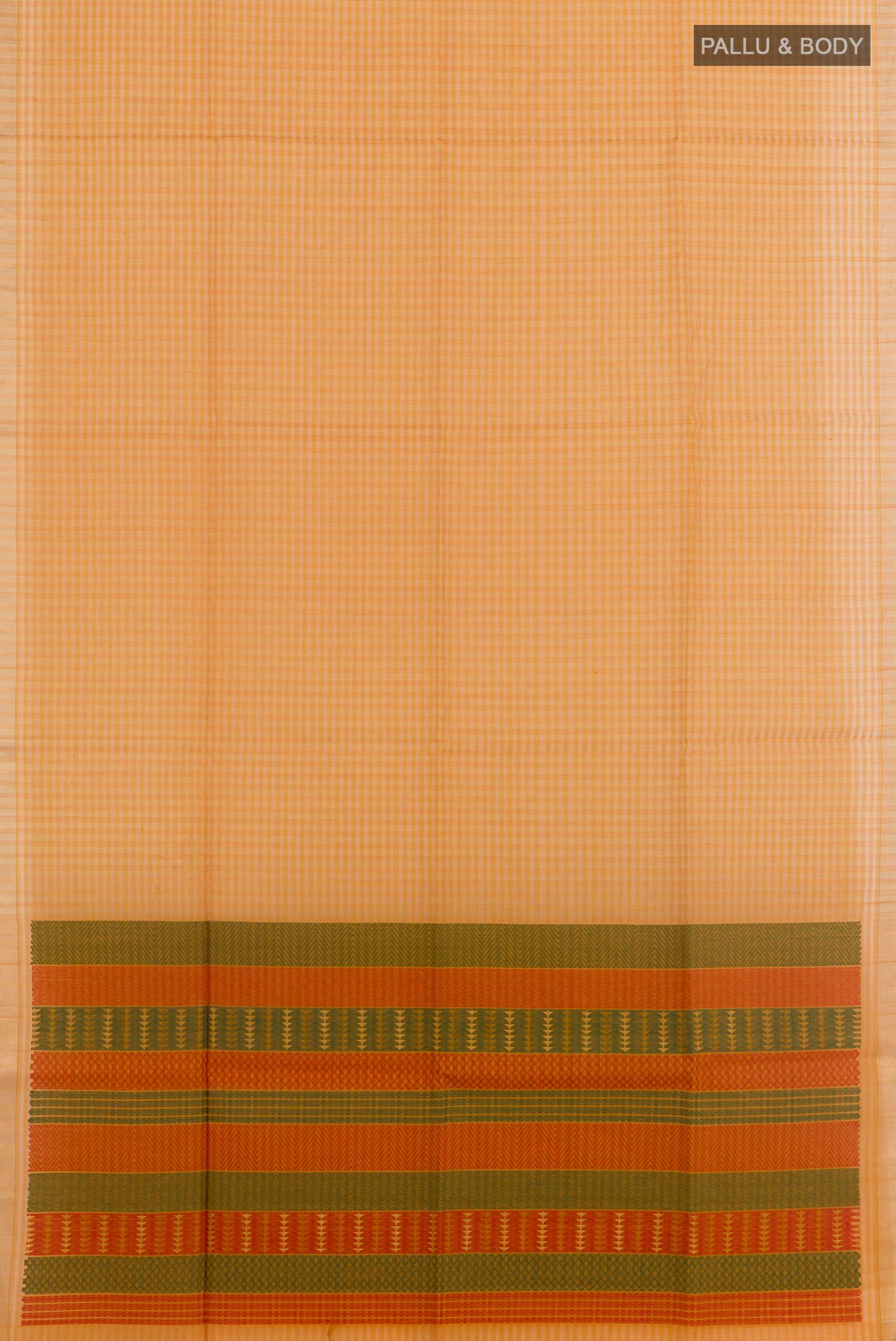 Flat view of Yellow Blended Kora Cotton Saree with Stripes on the body and Zari Border. 