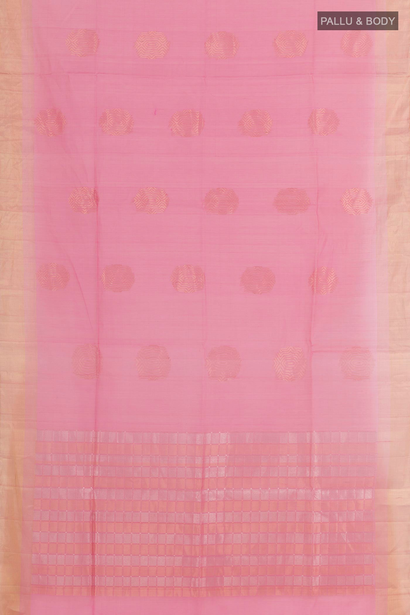 Flat view of Pink Blended Kora Cotton Saree with Zari Butta on the body and Zari Border. 