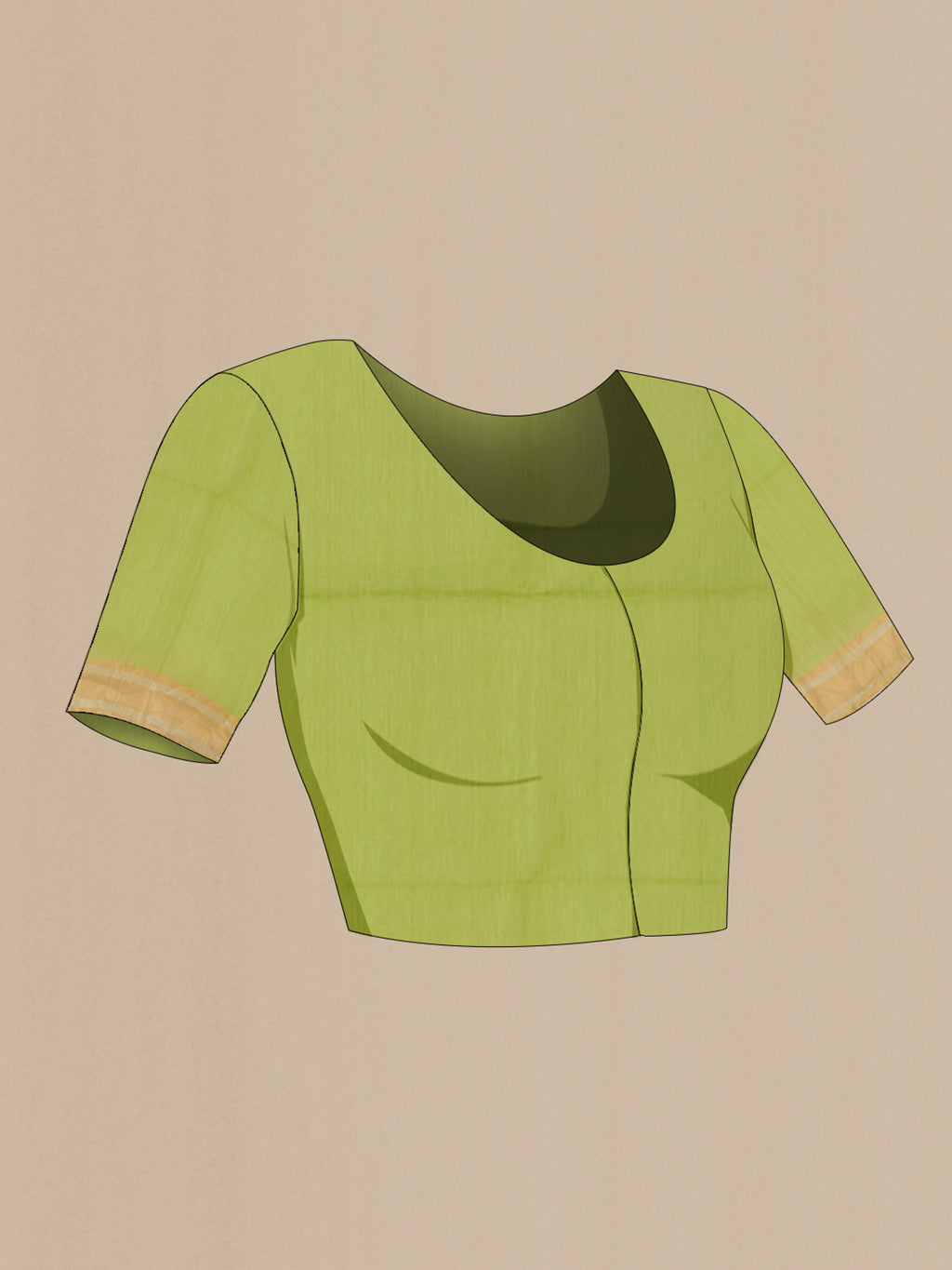 Close up image of the blouse of Green Blended Kora Cotton Saree with Zari Butta on the body and Zari Border. 