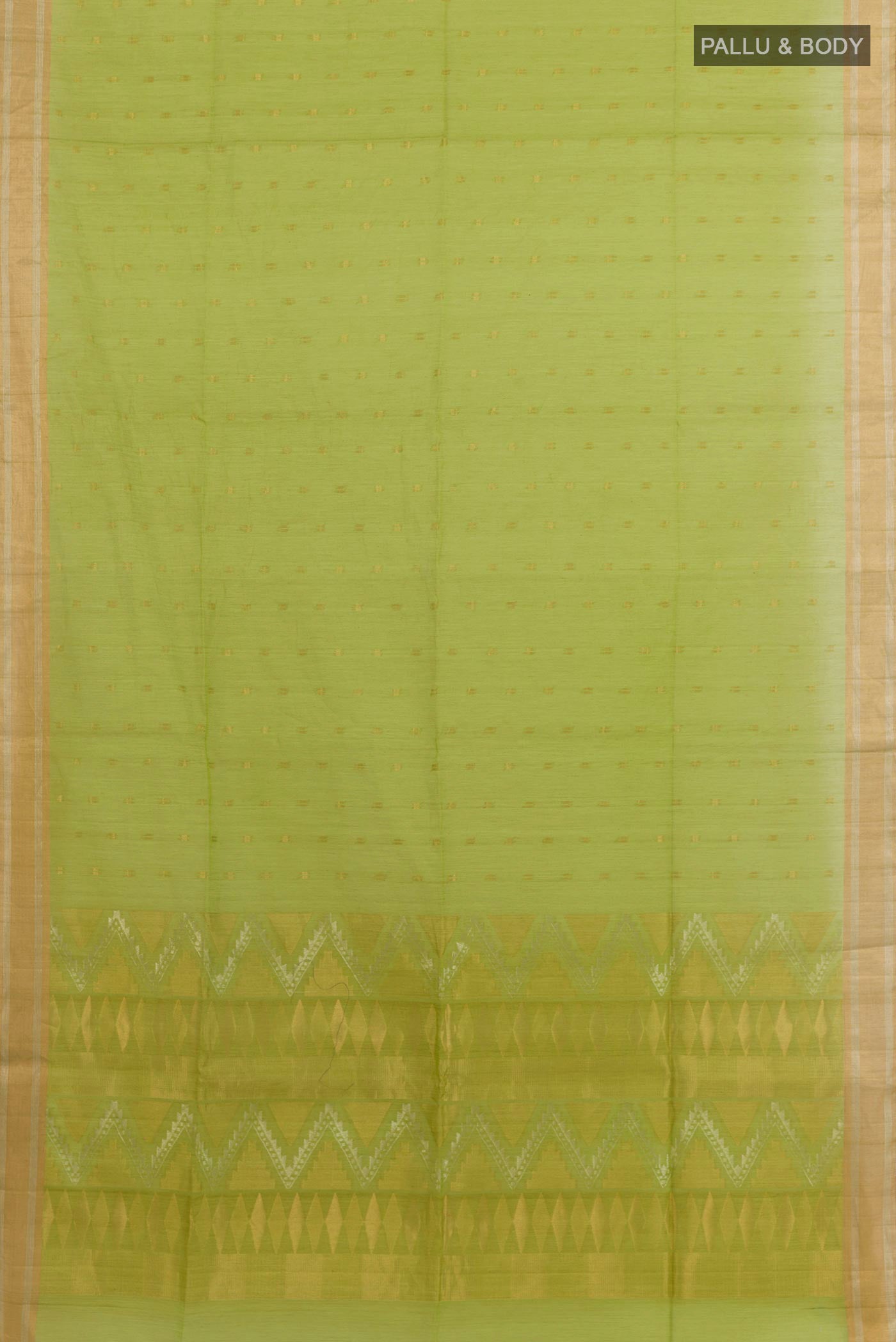 Flat view of Green Blended Kora Cotton Saree with Zari Butta on the body and Zari Border. 