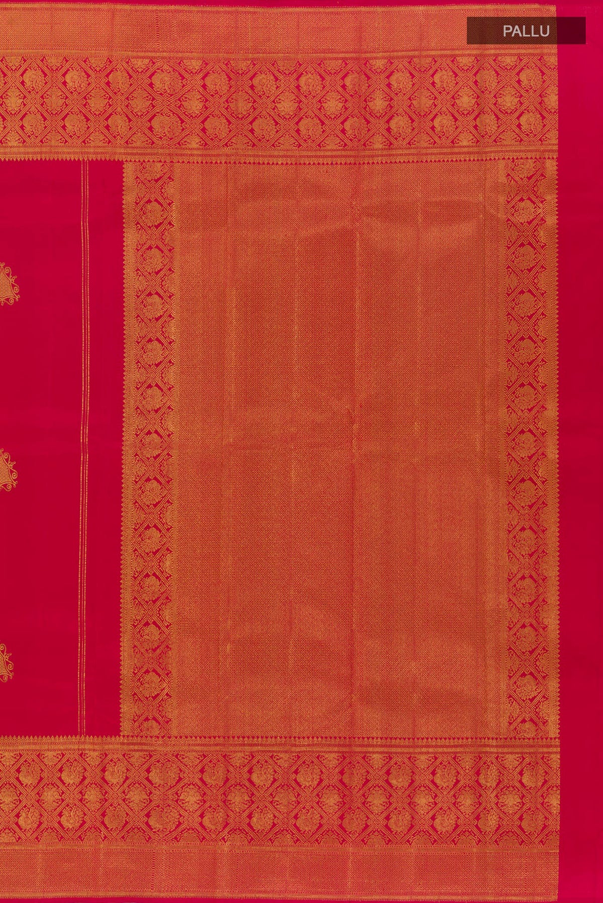 Close up image of the pallu of Red Kanchipuram Silk Saree with Zari Butta on the body and Zari Border. 