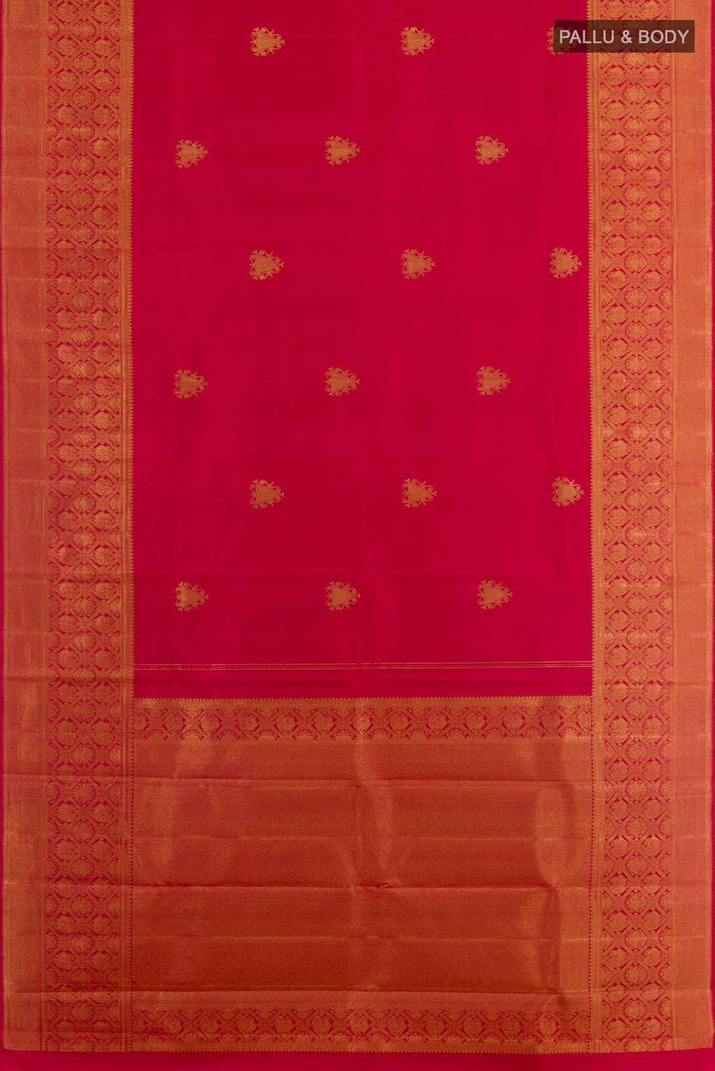 Flat view of Red Kanchipuram Silk Saree with Zari Butta on the body and Zari Border. 