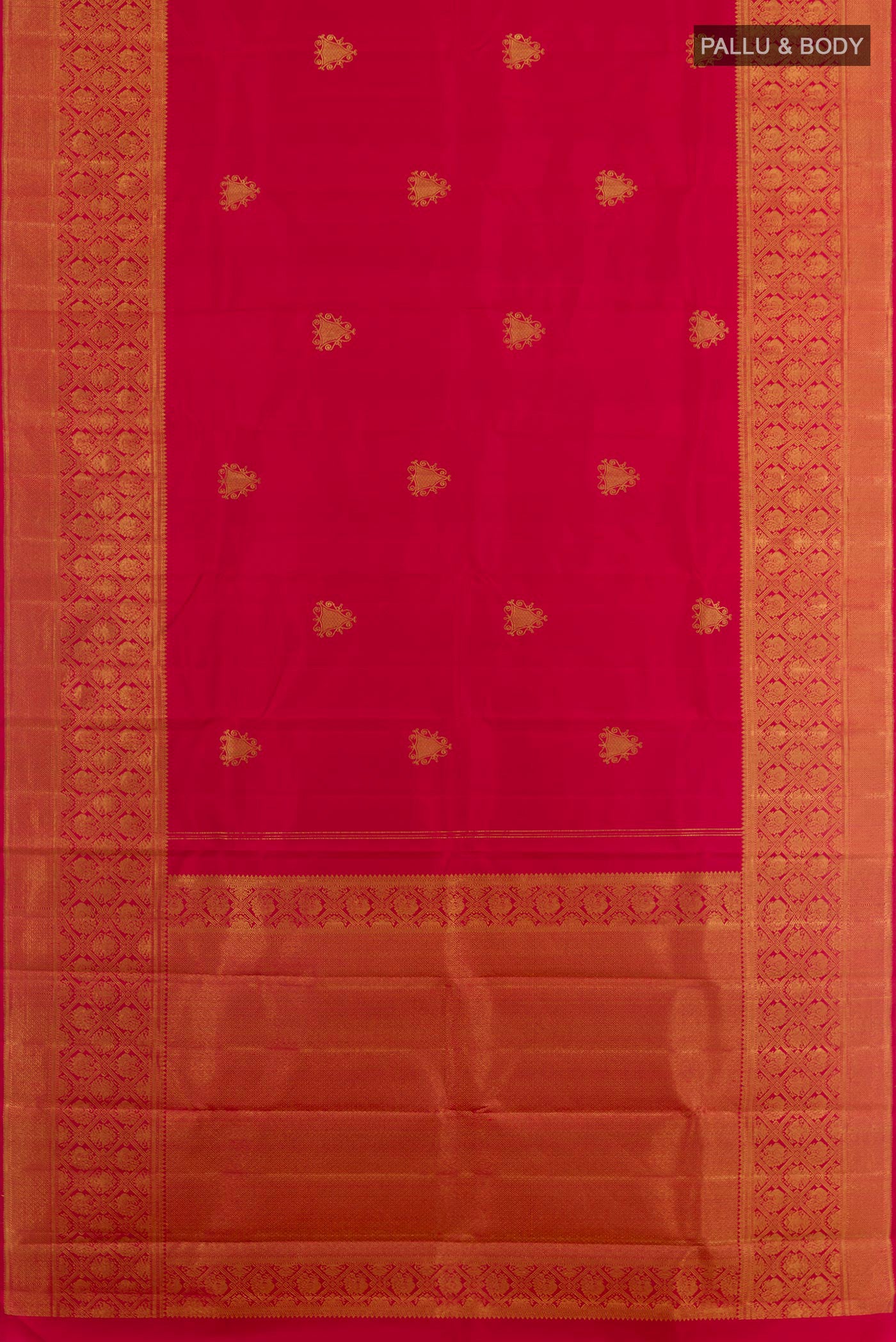 Flat view of Red Kanchipuram Silk Saree with Zari Butta on the body and Zari Border. 
