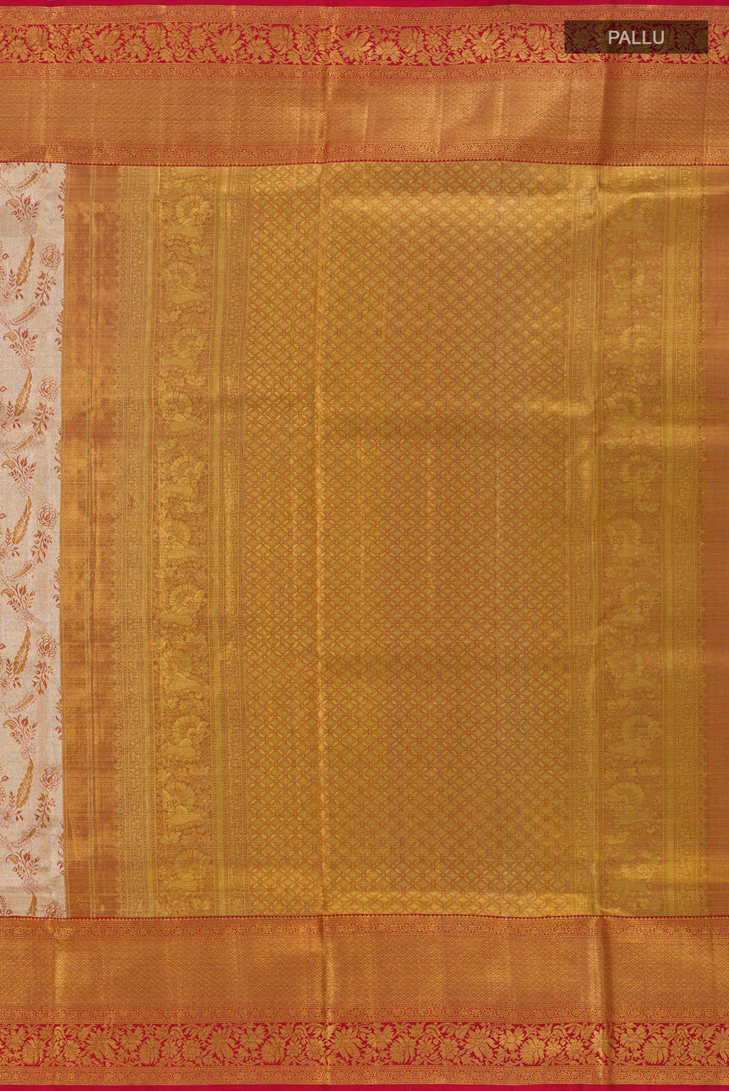 Close up image of the pallu of Silver Kanjivaram Tissue Silk Saree with Zari Brocade on the body and Zari Border. 