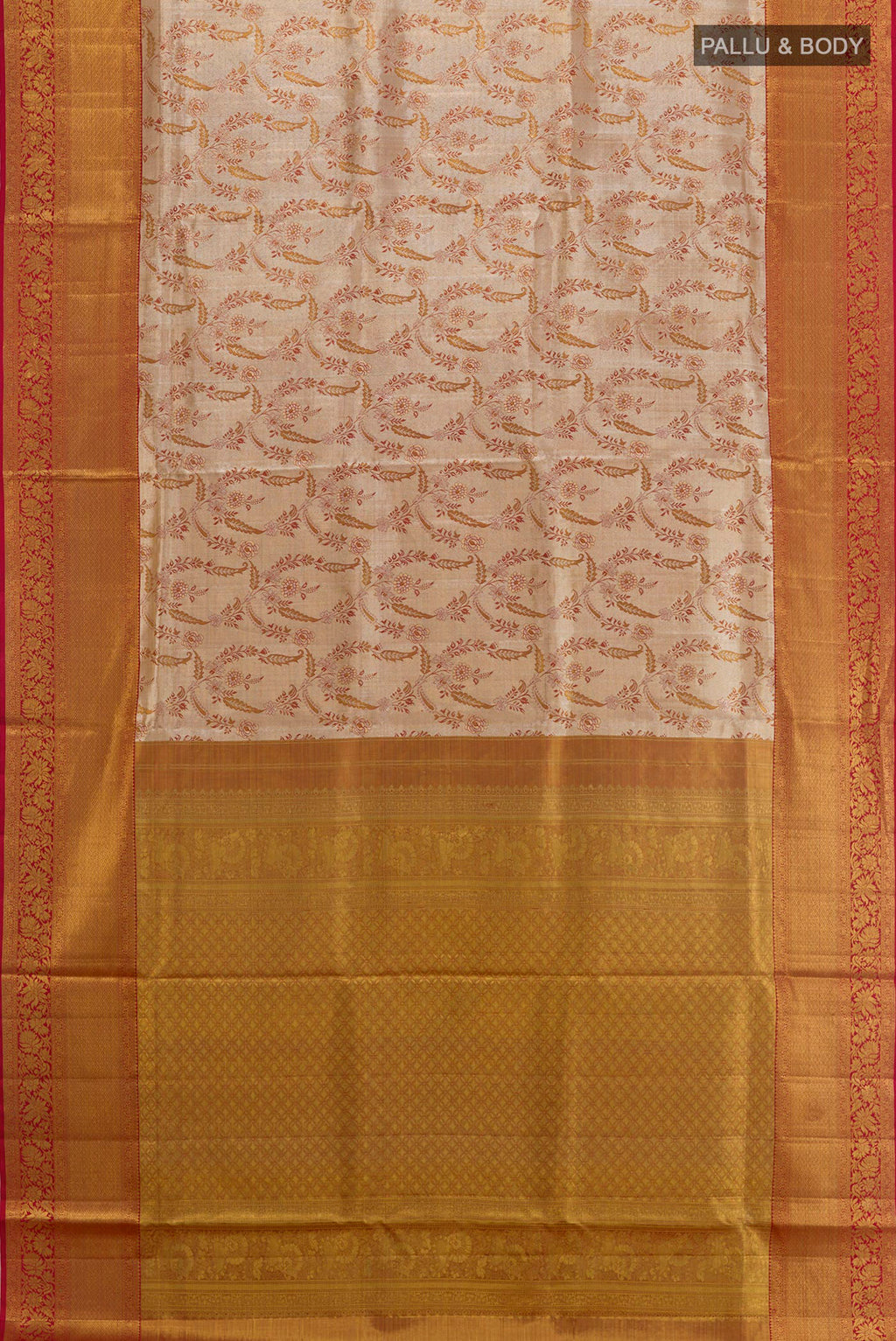 Flat view of Silver Kanjivaram Tissue Silk Saree with Zari Brocade on the body and Zari Border. 