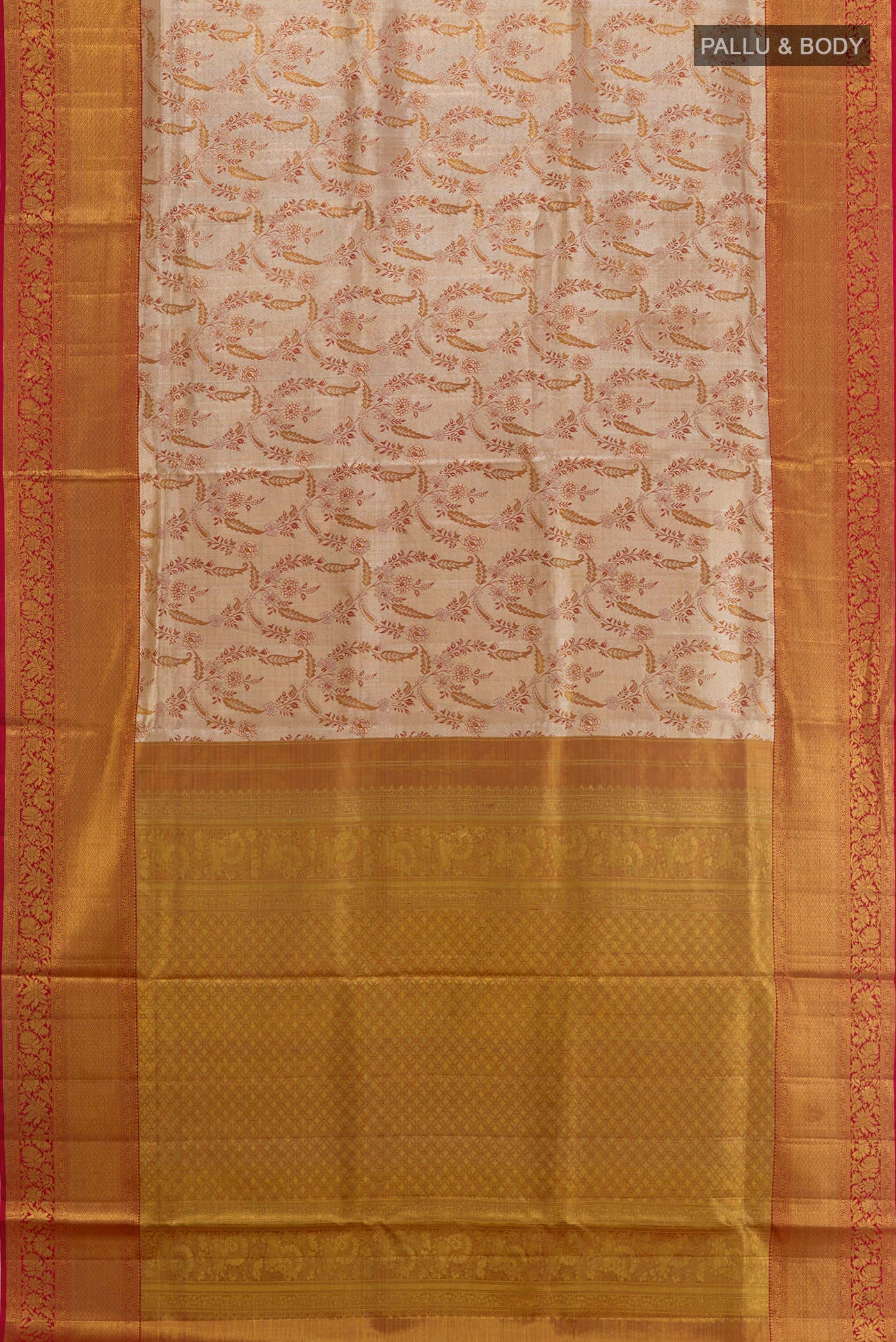 Flat view of Silver Kanjivaram Tissue Silk Saree with Zari Brocade on the body and Zari Border. 