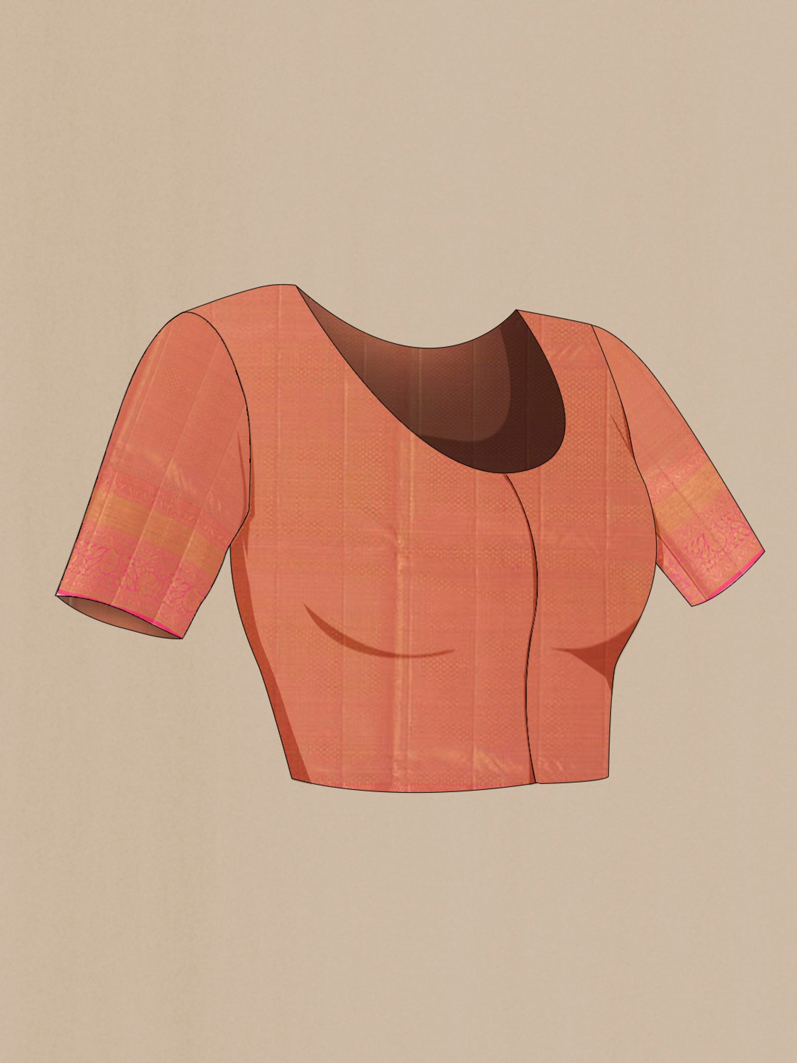 Close up image of the blouse of Rose Gold Kanjivaram Tissue Silk Saree with Zari Brocade on the body and Zari Border. 